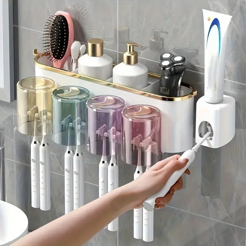 1 Set Space-Saving Wall-Mounted Bathroom Organizer, Hypoallergenic Toothbrush Holder with Toothpaste Squeezer, Toothbrush Storage