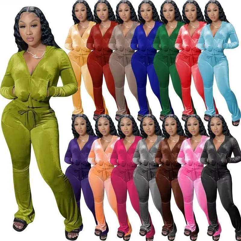 Women Autumn Two Piece Outfits 2 Piece Velour Tracksuit Velvet Sweatsuits Zip Up Hooded Jacket Flared Pants Jogger Sets Clothes Pink