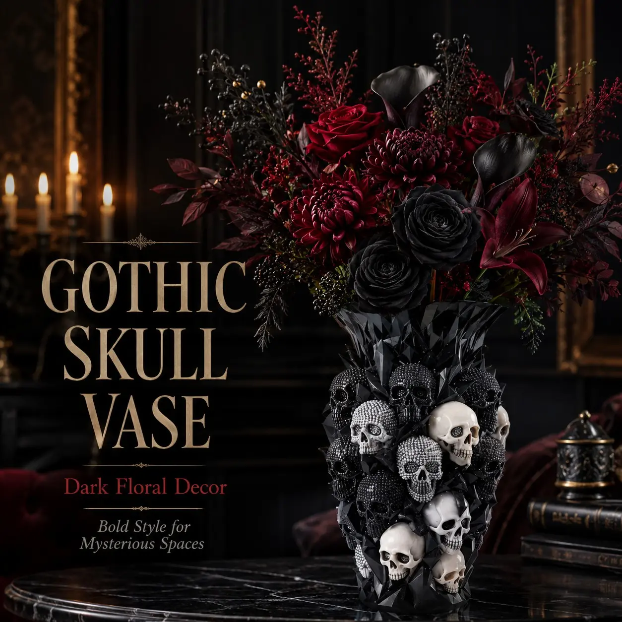 Gothic Spiked Multi Skull Resin Flower Vase, Glossy Black Diamond Faceted Decorative Vase, Dark Style Tabletop Centerpiece, Halloween Bedroom Bar Living Room Party Home Decor Ornament