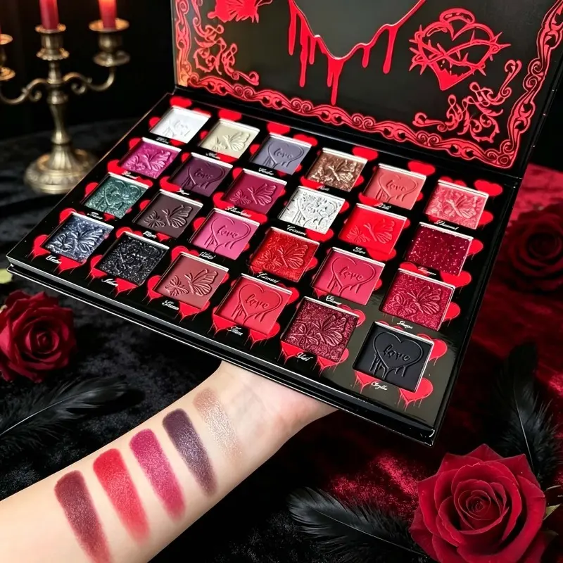 Gothic Butterfly Heart Embossed Large Eyeshadow Palette, Multi-color Matte Shimmer Metallic Eyeshadow, Matte Shimmer Glitter, Dark Style Professional Makeup Palette for Artists & Gift Giving