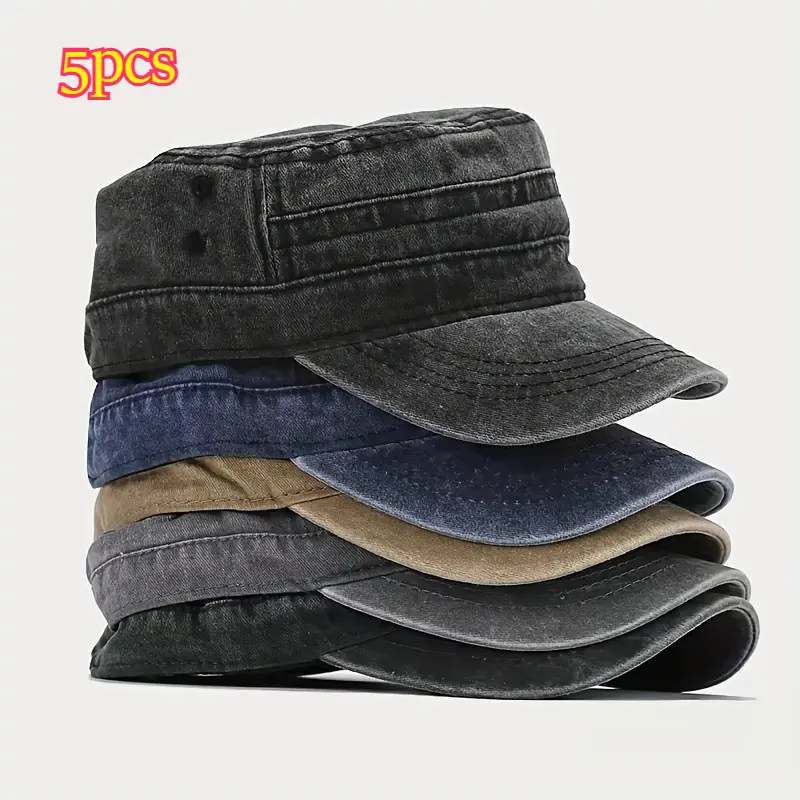5Pcs Vintage Washed Military Cadet Hats Set for Men Women Breathable Cotton Flat Top Caps Adjustable Army Patrol Hats Unisex Outdoor Fishing Hiking Camo Sun Protection Baseball Cap Classic Casual Headwear Bulk Gift