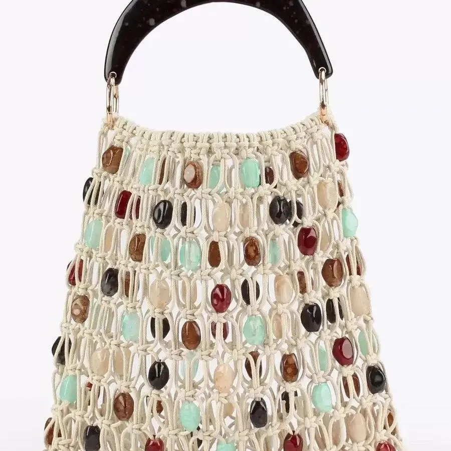 Vintage Handmade Crochet Hollowed Beaded Tote Bag Wooden Handle Large Capacity Retro Shoulder Handbag Fashion Boho Knitted Purse