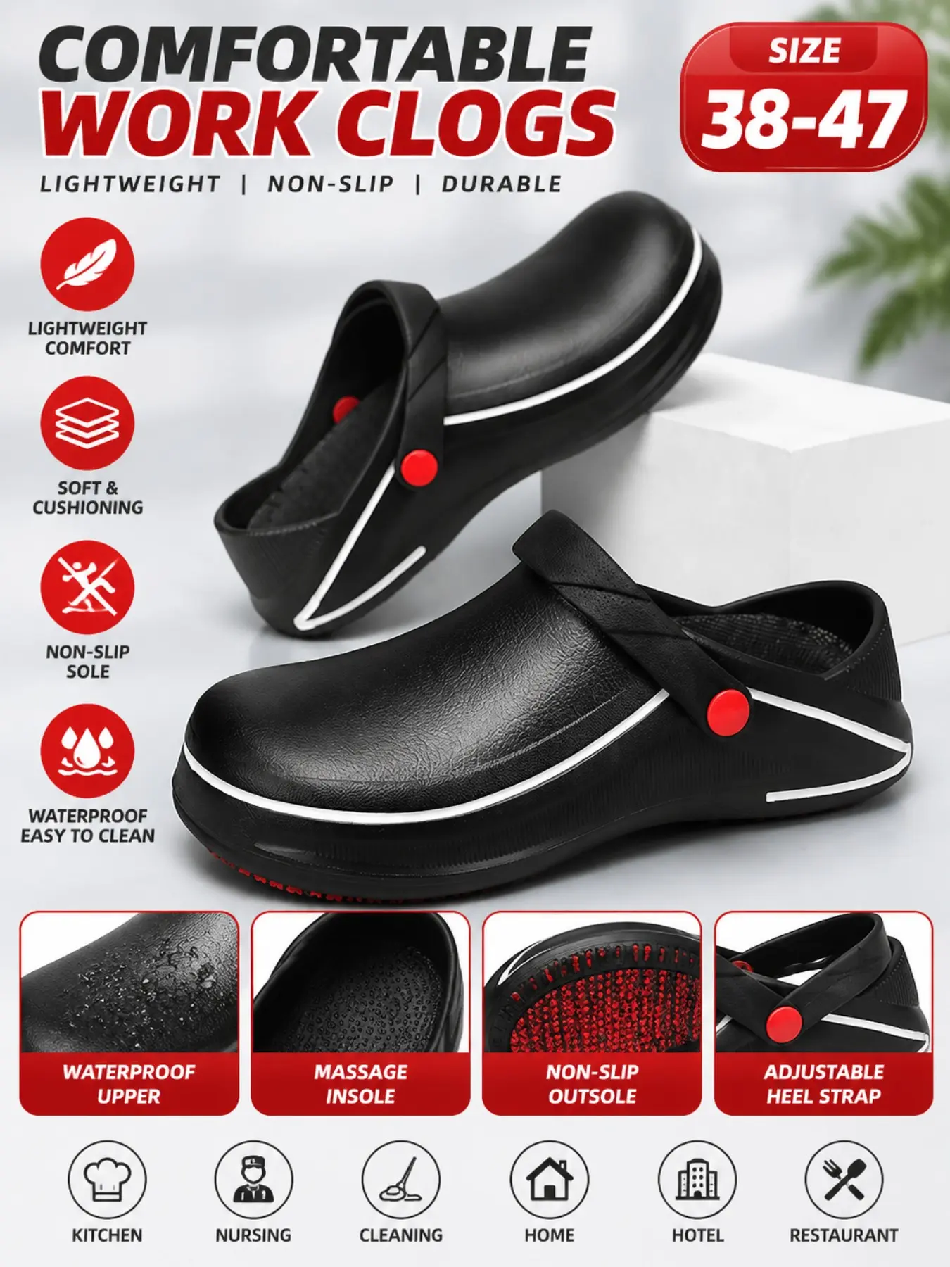 Black Anti-Slip Work Clogs, Lightweight Eva Material, Breathable & Waterproof, Unisex Casual Shoes for Kitchen, Hospital, Hotel