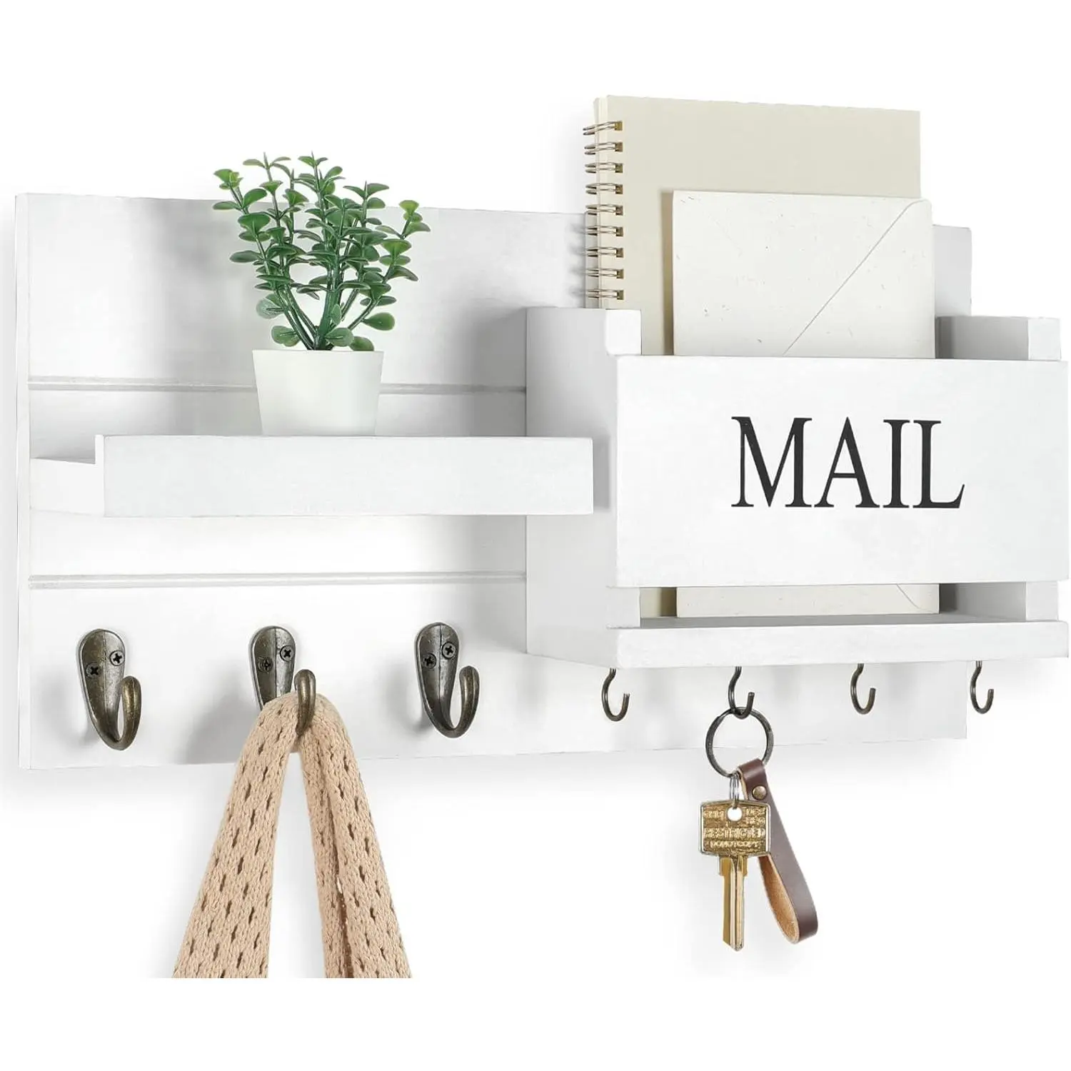 Wall Mount Mail Organizer and Key Holder with Shelf, Letter Holder, Hooks for Hallway Farmhouse Decor, Rustic Wood, Flush Mounting Hardware, 16.5 x 9.1 x 3.4 Inches, White