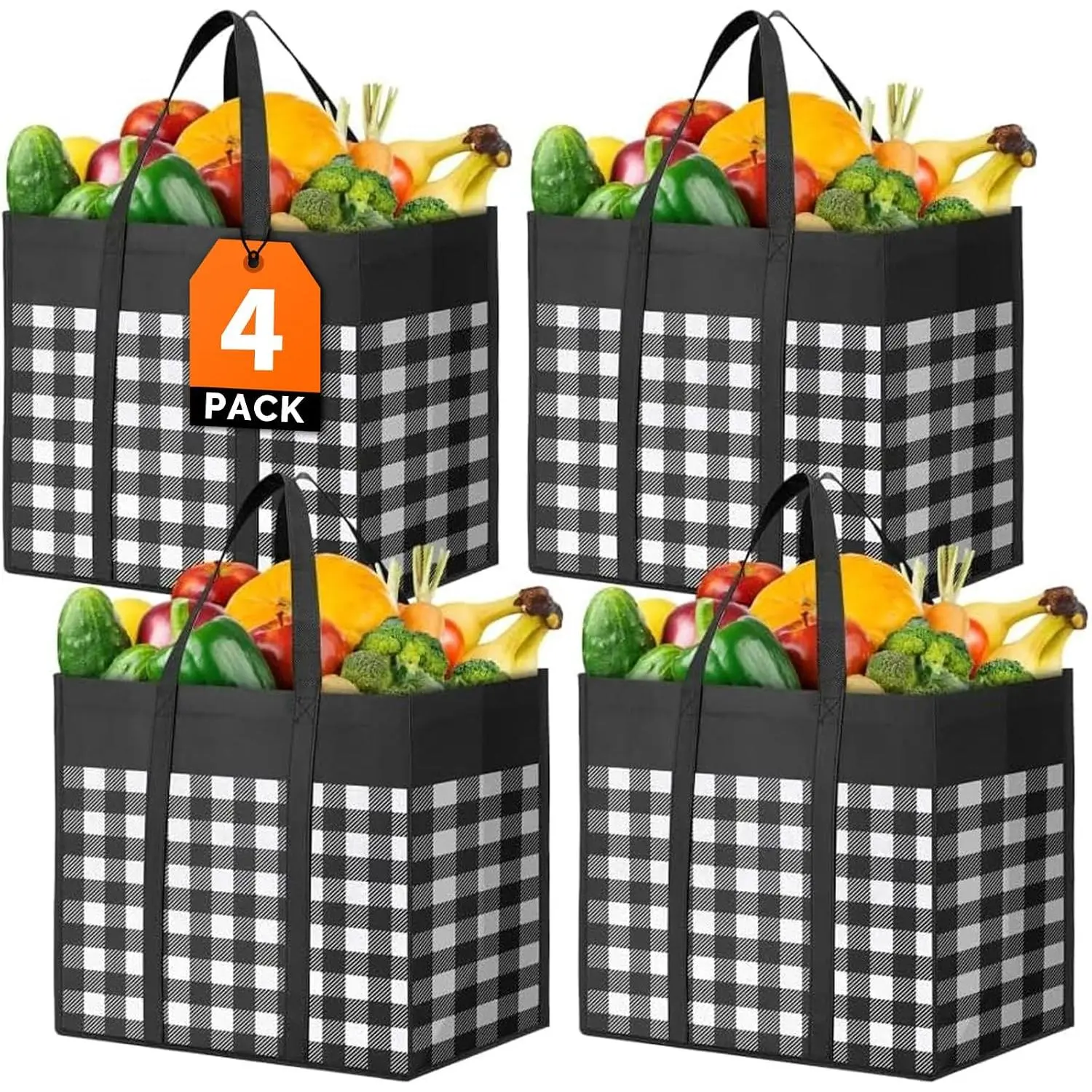 Grocery Bags,4-Pack, Foldable  Shopping Tote Bags bulk with Reinforced Handles,Large Storage Bags with Water Resistant Coating for Groceries,Multipurpose,Black-White