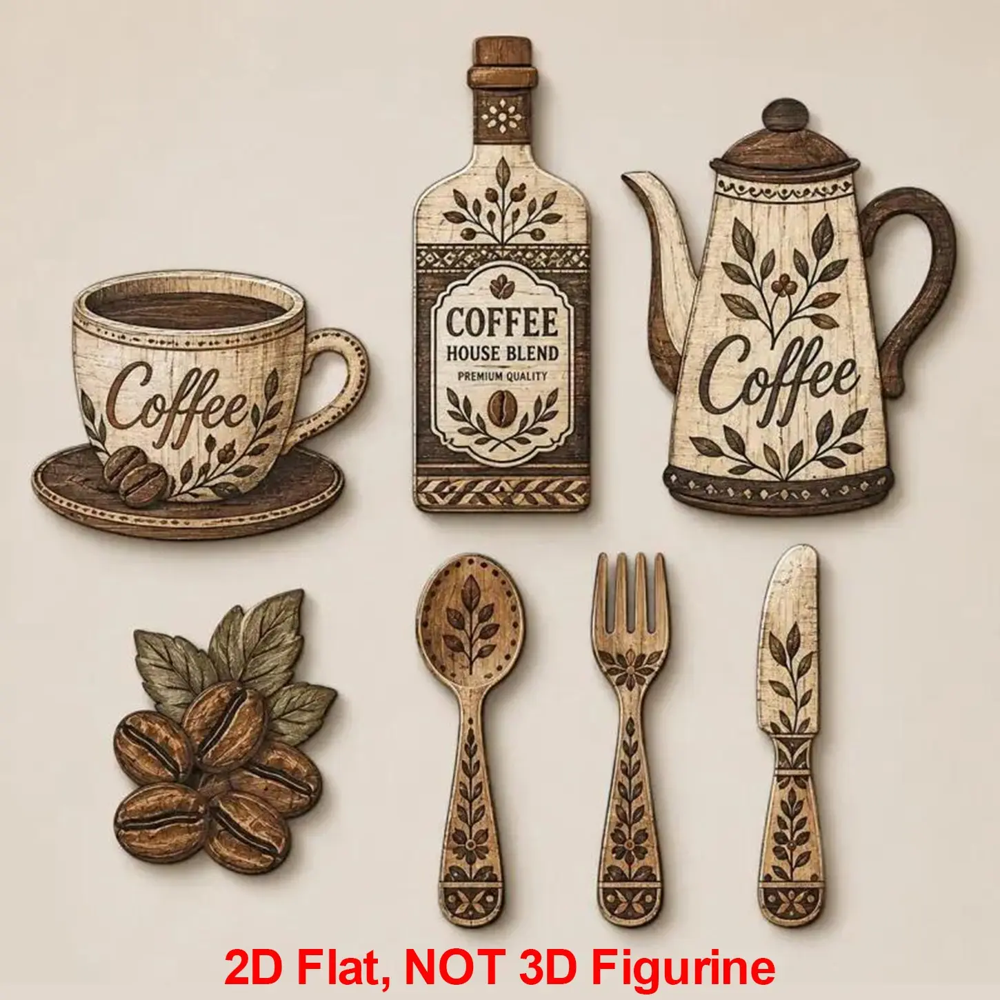 7 Pcs Wooden Coffee-Themed Kitchen Wall Decor Set, Decorative Wall Art, Decoration Items, Vintage Country Style Wall Hangings Featuring Coffee Cups Pots, Coffee Beans, Coffee-Themed Decor Plaques Suitable for Kitchens and Cafés, Ideal for Home
