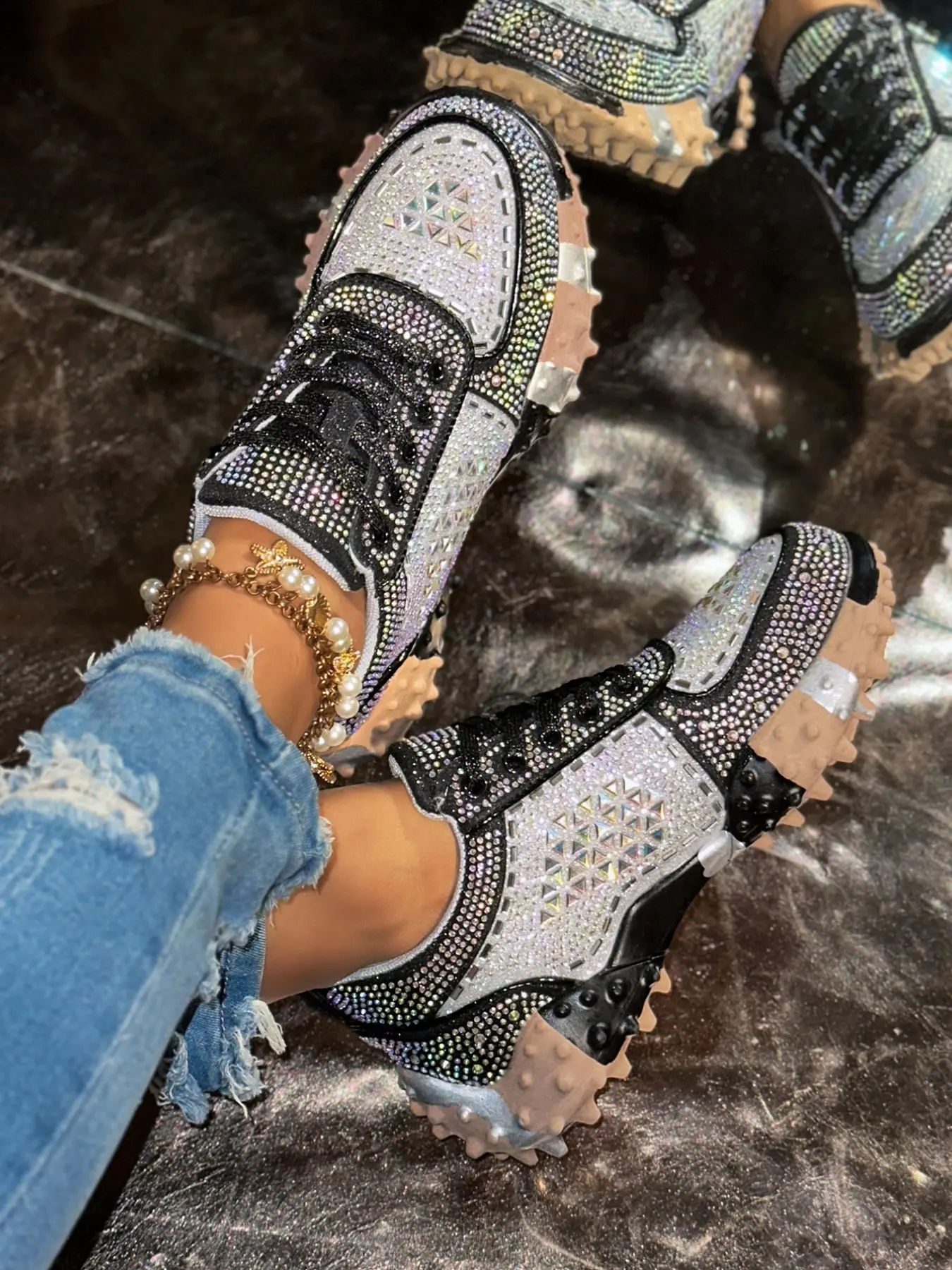 2026 Trend Geometric Full Rhinestone Platform Dad Sneakers, Trendy Trainers, Lace Up Breathable Fabric Upper, Granular Anti-slip Heighten Sole, Sparkly Style, Women Platform Casual Shoes For Summer Daily Walking Dating, Color Options