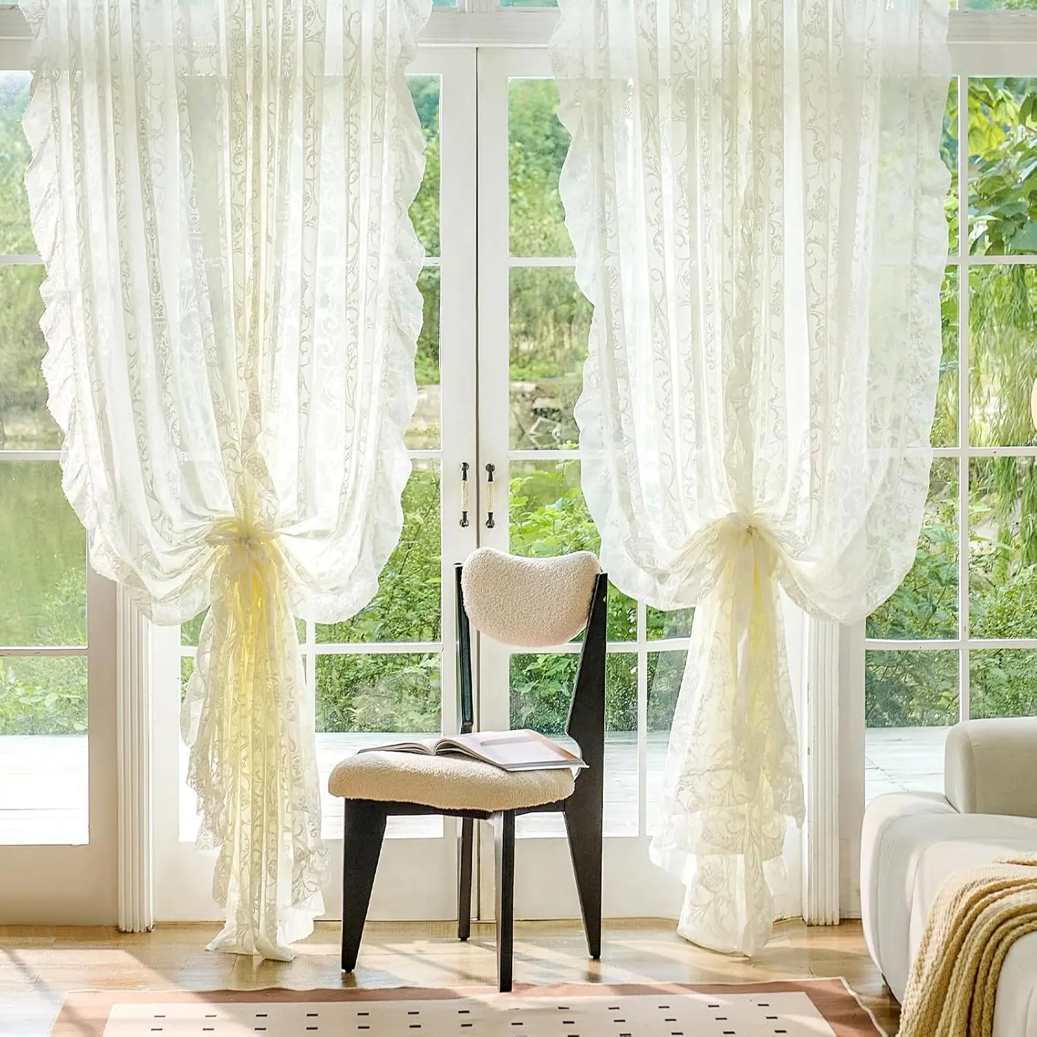 Ruffle Curtains 2 Panels - Vintage Tulle Floral Lace Sheer Curtains 84 Inches Long, Decor, Rod Privacy Ruffled Drapes for Living Room, 59 x 84 Inch, Ivory