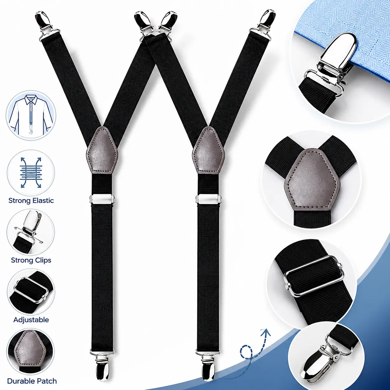 Men's Adjustable Shirt Stays (Pack of 2) – Featuring Strong Non-Slip Clips and Elastic Straps