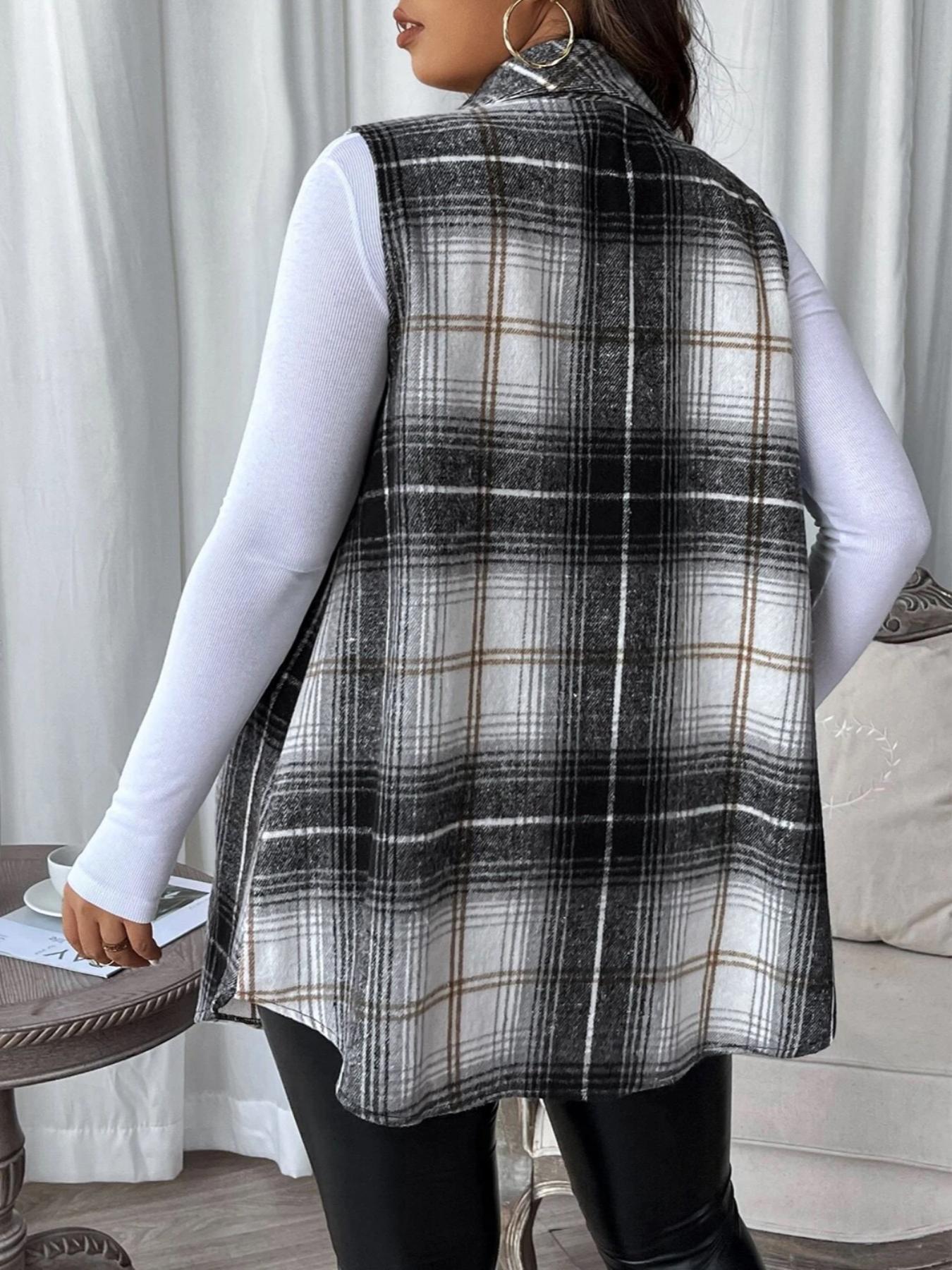 Plus Size Women's Plaid Casual Notched Neck Vest Jacket (fake Pockets), Button Front, Fitted Sleeveless Design, Fall & Winter Fashion
