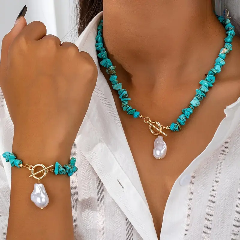 Women's Artisanal 2-Piece Beaded Boho-Turquoise Necklace-Bracelet Set with Natural Vibrant Baroque Pearls, Everyday Fashion Accessory for Gifting, Pearl, Handmade, Funky, Peppy, Glamorous, Romantic, Ethnic, Artisanal Look, Beach-Inspired