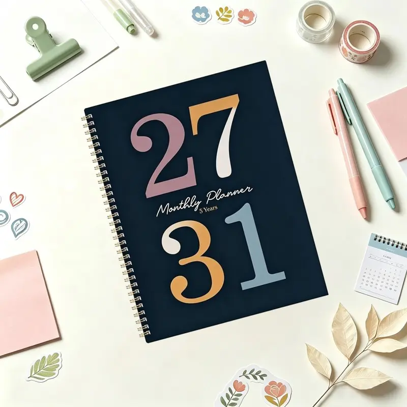 2027-2031 Monthly Planner/Calendar - January 2027 to December 2031, 5-Year Monthly Planner Notebook, Vintage Dark Blue Cover Design Journal, Yearly & Daily Planning, Monthly Tabs, 60-Month Calendar, 5.5 x 8.3 Inch Thick Paper, Elastic Cover, Durable Doubl
