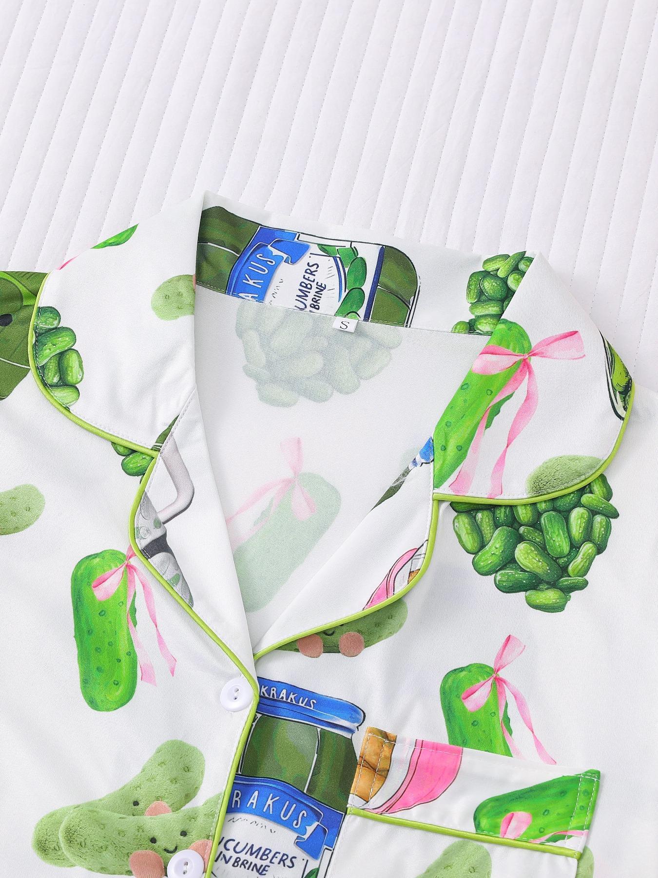 Women's Cucumber Print Short Sleeve Pajama Set, Casual Comfy Button Front Chest Pocket Design Lapel Neck Top & Elastic Waist Shorts PJ Set, Ladies Sleepwear Loungewear
