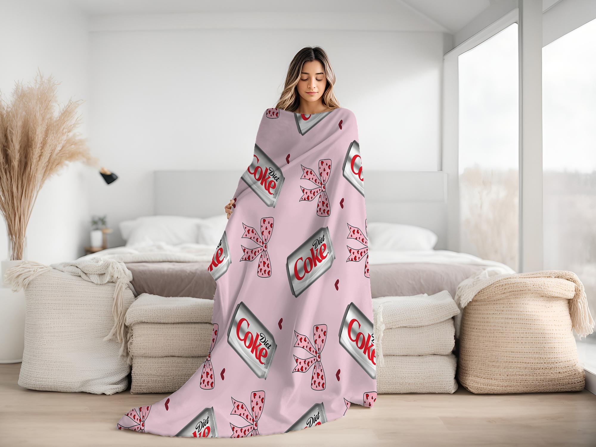Diet Coke Original Flavor Pink Bows with Red Hearts Flat Velvet Blanket Soft Office cozy lightweight soft fluffy decorative giftable fluffy Gift