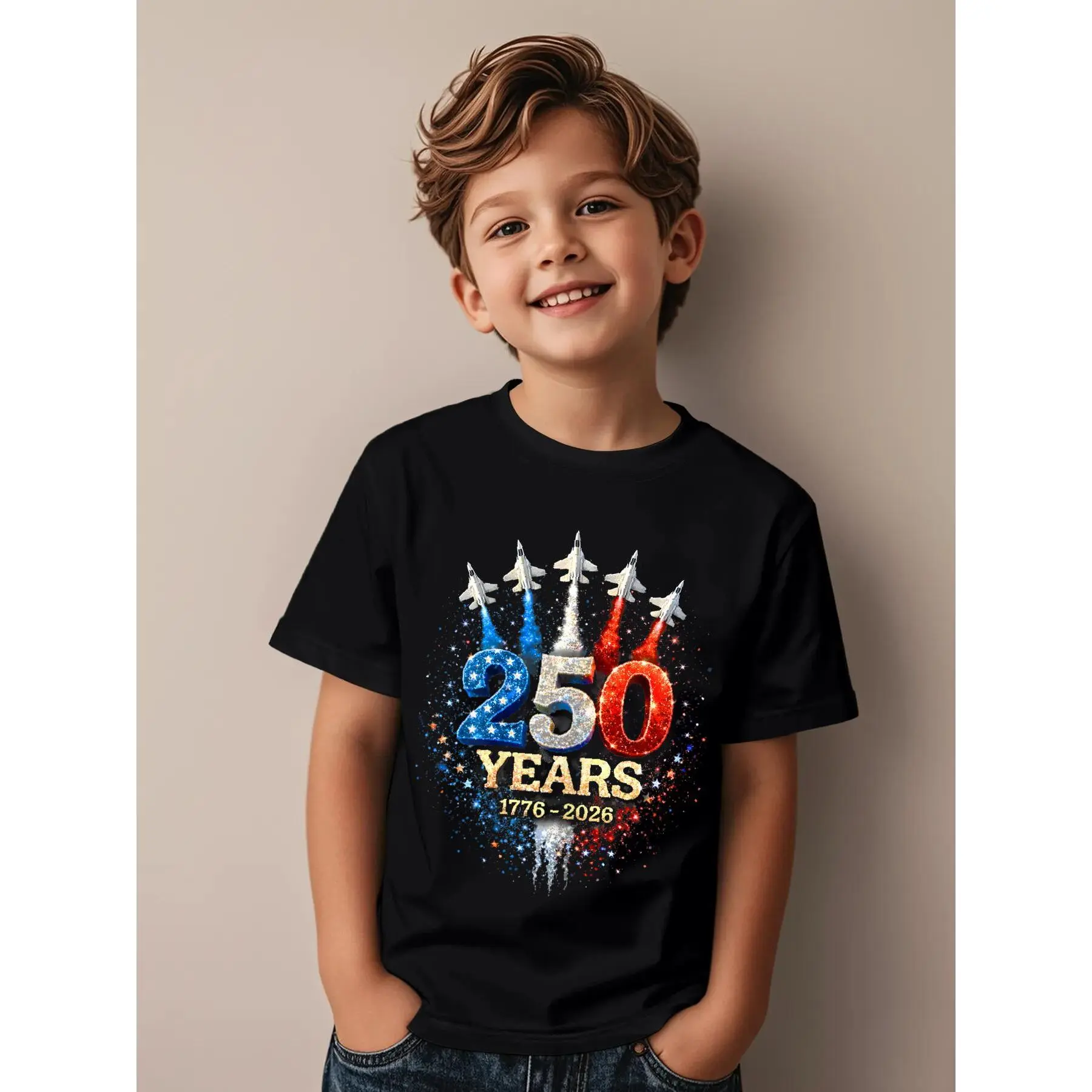 Kid's USA 250th Anniversary Patriotic 4th July Funny Aesthetic Graphic Printed Tee, Street Style Top for Boys