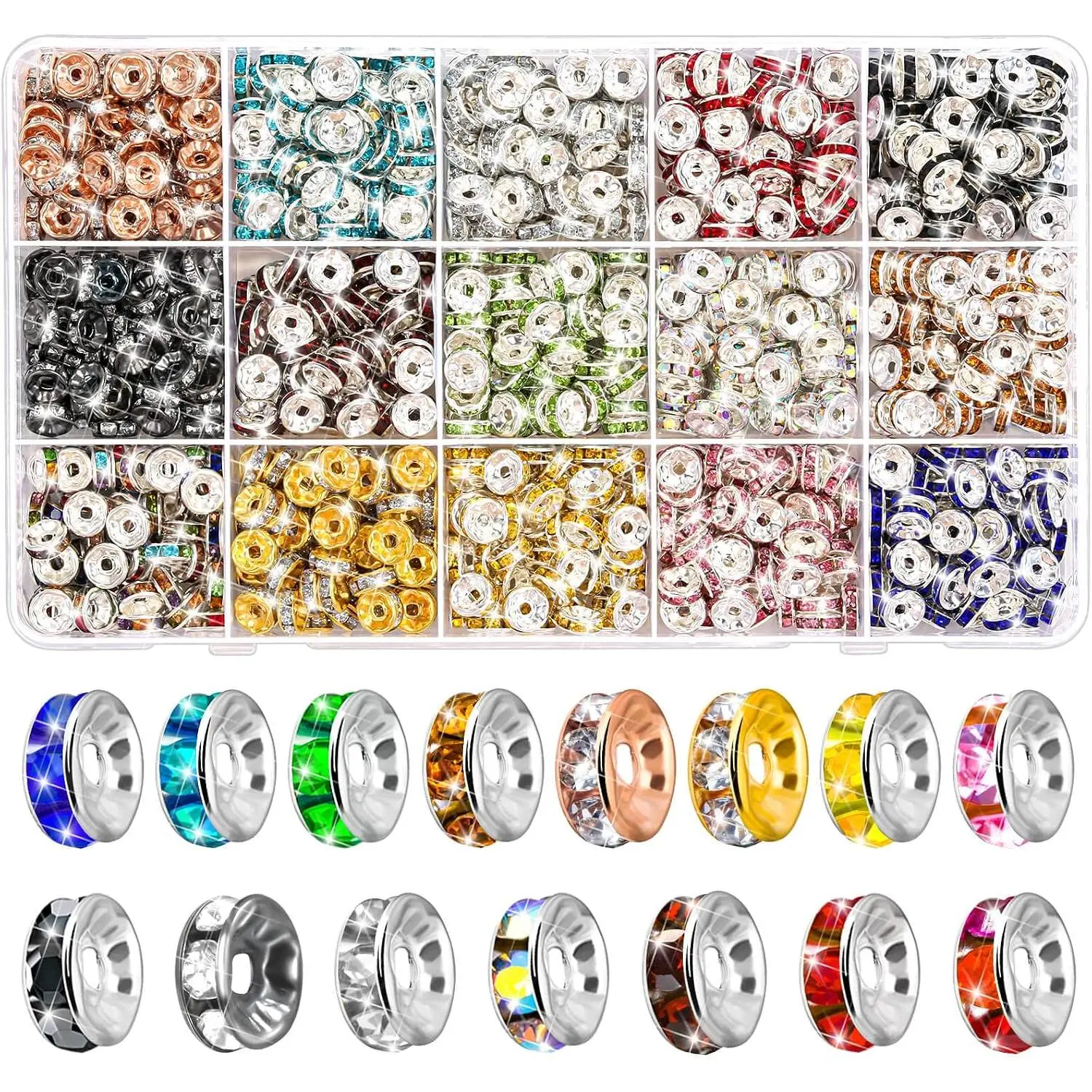 900 count Rondelle Spacer Beads for  Making, 8mm Rhinestone Spacer Beads  Bead Spacers for Bracelets, Focal Beads for Pen, 15 Colors