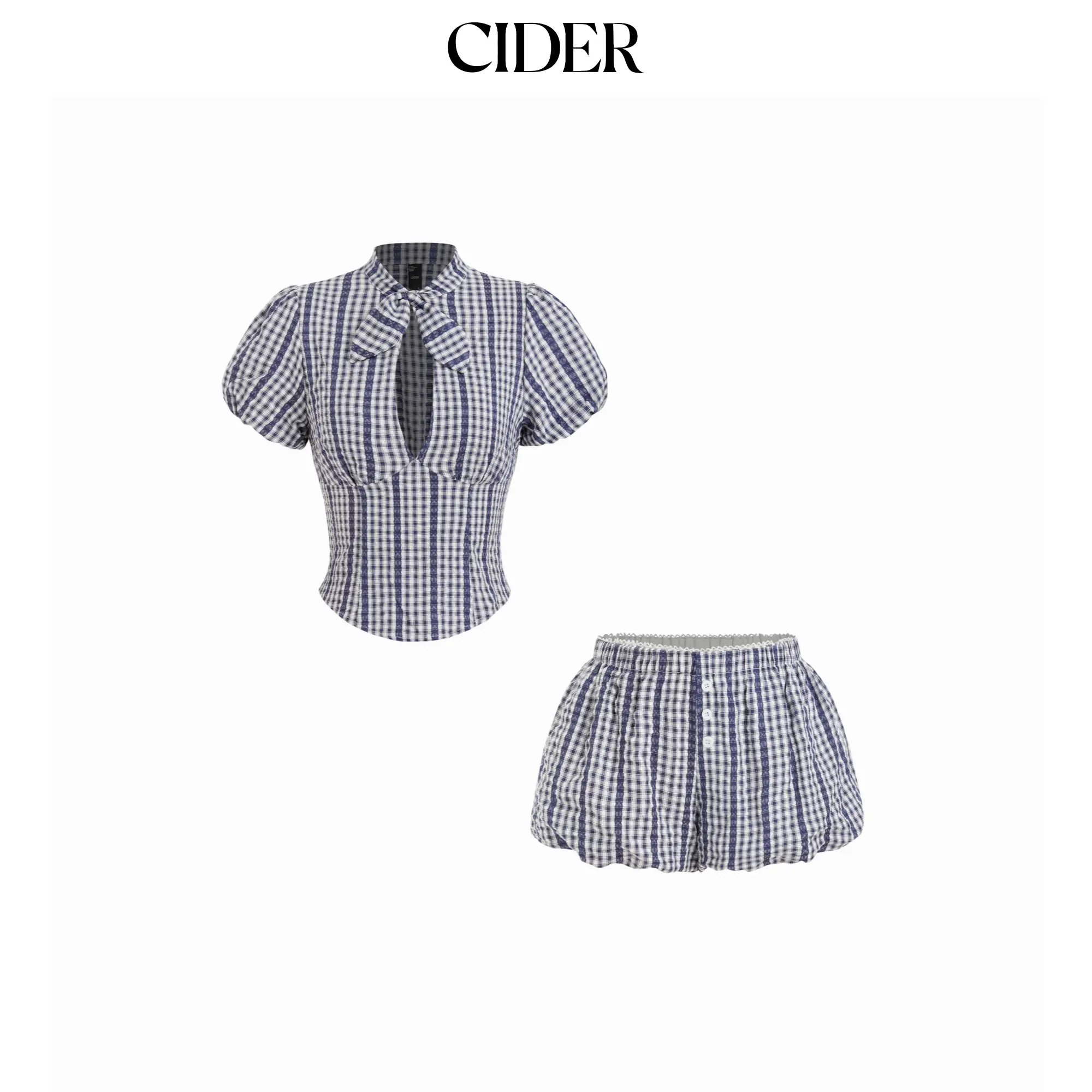 Cider Cotton-blend Gingham Stand Collar Puff Sleeve Cut Out Shirred Top & Mid Rise Bubble Hem Shorts Set