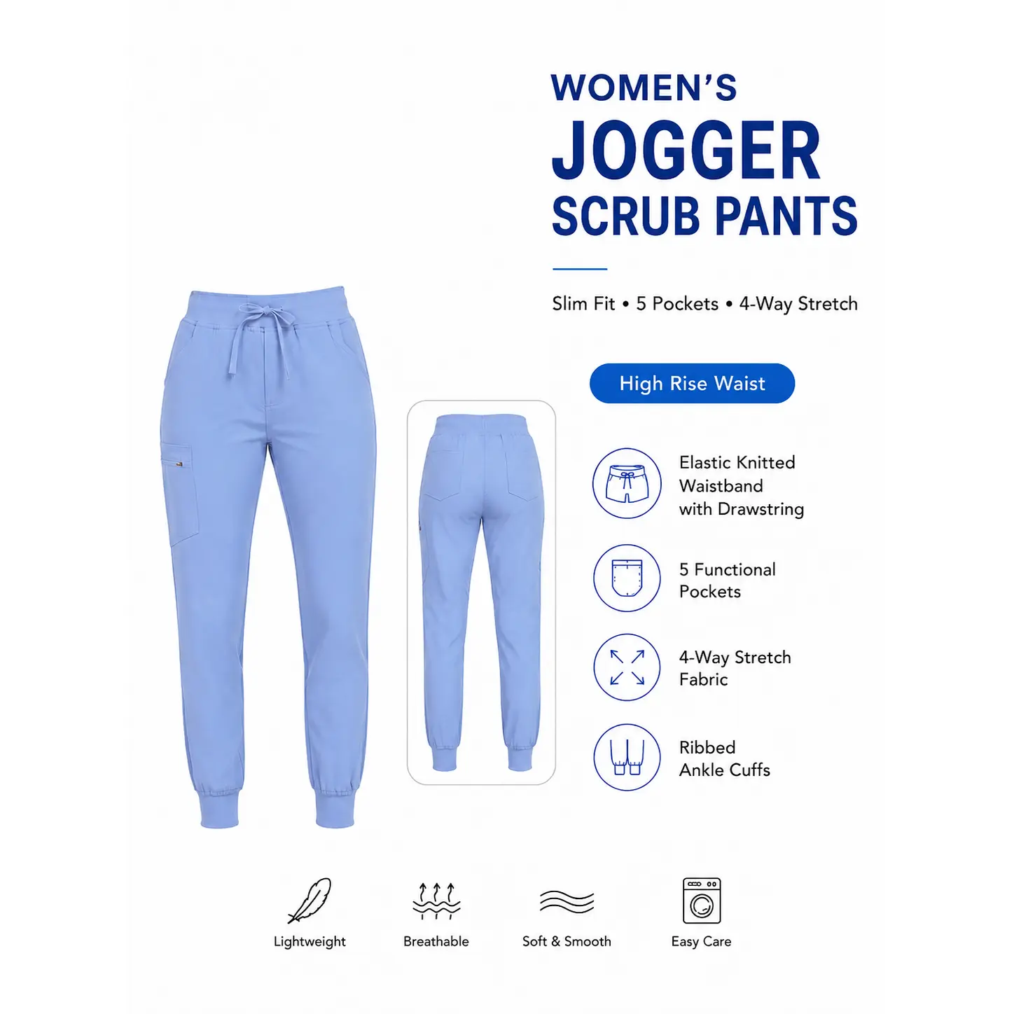 Women's High Rise Slim Fit Jogger Scrub Pants - 4-Way Stretch Healthcare Pants with Functional Pockets, Lightweight, Wrinkle Resistant, Easy Care, Cold Wash Compatible, Zipper Pocket, Basics, All Seasons, Breathable, Cargo, Service, Ankle, Casual, Double-