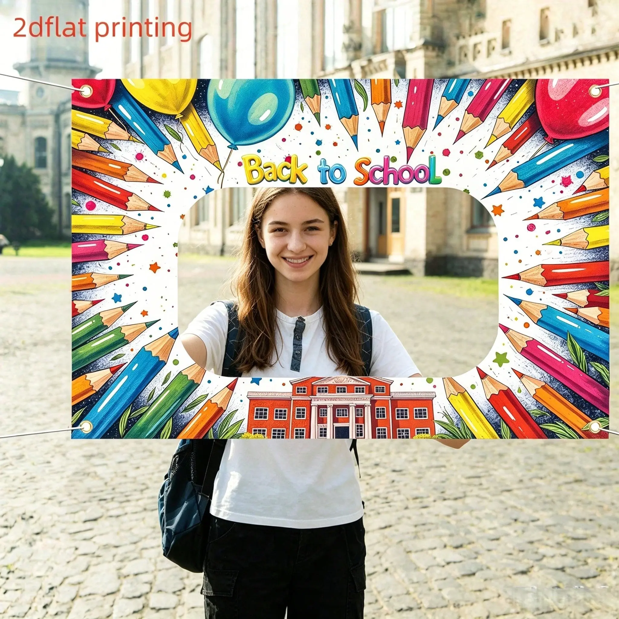 Back-To-School Theme Cutout Background Cloth, Colored Pencil Style Rectangular Border Pattern, Classroom Decoration, Party Props