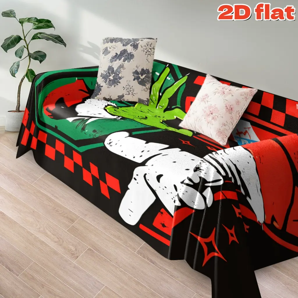 2D flat 1Pc Creative Grinch Christmas Printed Sofa Blanket Throw, Decorative Anti-scratch Washable Slipcover for Living Room, Pet Friendly Anti-fouling Protective Cover All Seasons, Perfect Home Decor, Office, Bedroom