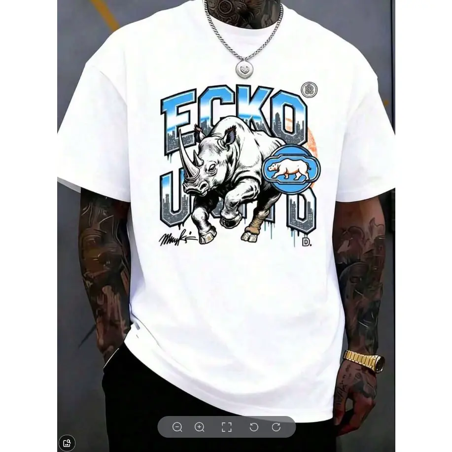 ECKO UNLTD Men's 220g 100% Cotton Round Neck Shortsleeve Iridescent Rhino Graphic T-Shirt - Street-Inspired Sporty Chic Sports Top, Soft, Breathable, Lightweight, Loose, Regular Fit, Antibacterial, Hem-Designed, Suitable for Everyday Wear, Outings, Thermo