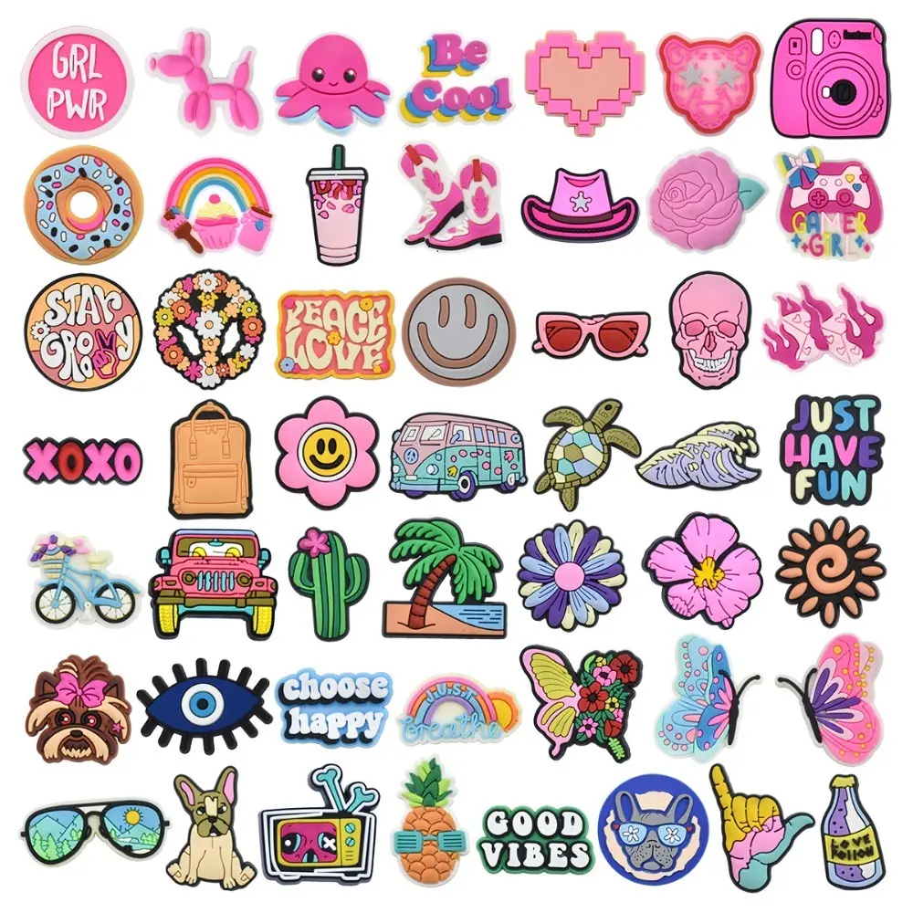 50 Pack Flower Shoe Decorations Charms for Clog Accessories Pins for Girls Women Pink Peace Butterfly Cowgirl Shoe Charms Cute Preppy Hippie Horse  Party Favors