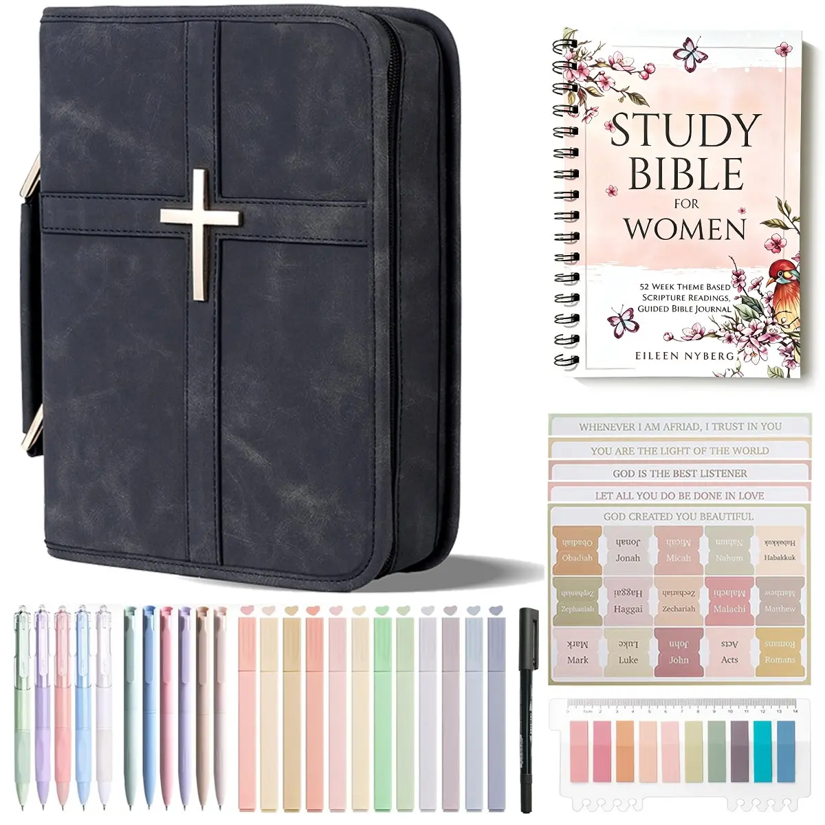 Classic Vegan Leather Bible Cover with Metal Cross Design Handle,include Pens, Tabs, Study Supplies Journaling Kit Zipper Bible Case Organizer Bag Durable Bible Study Supplies Carrying Bag for Men Women Christian Religious Daily Use
