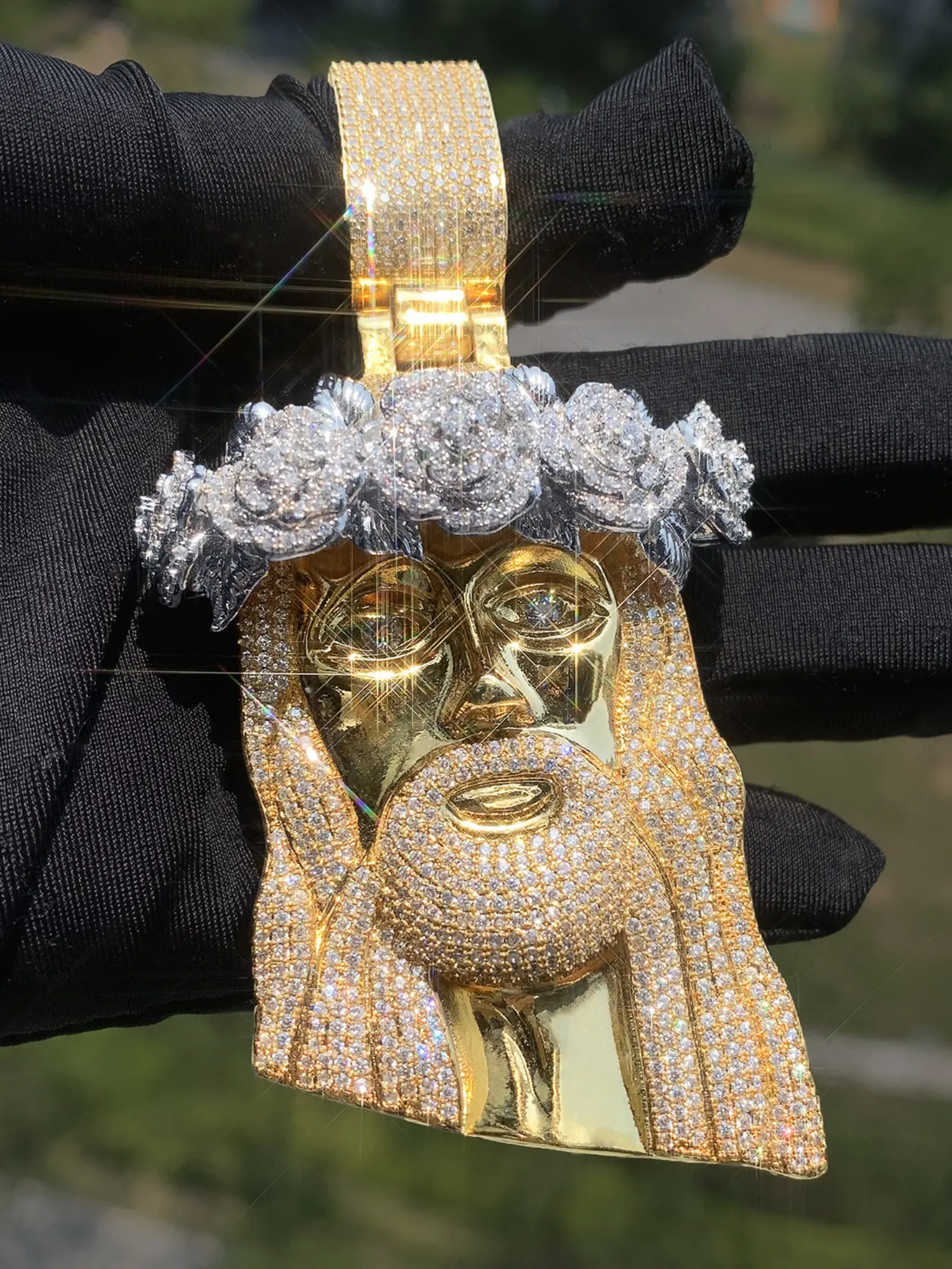 Rose Jesus Head Pendant Necklace, Unique Rose Design, Hip Hop Style, Street Trend Zircon Charm, Men's Fashion Jewelry