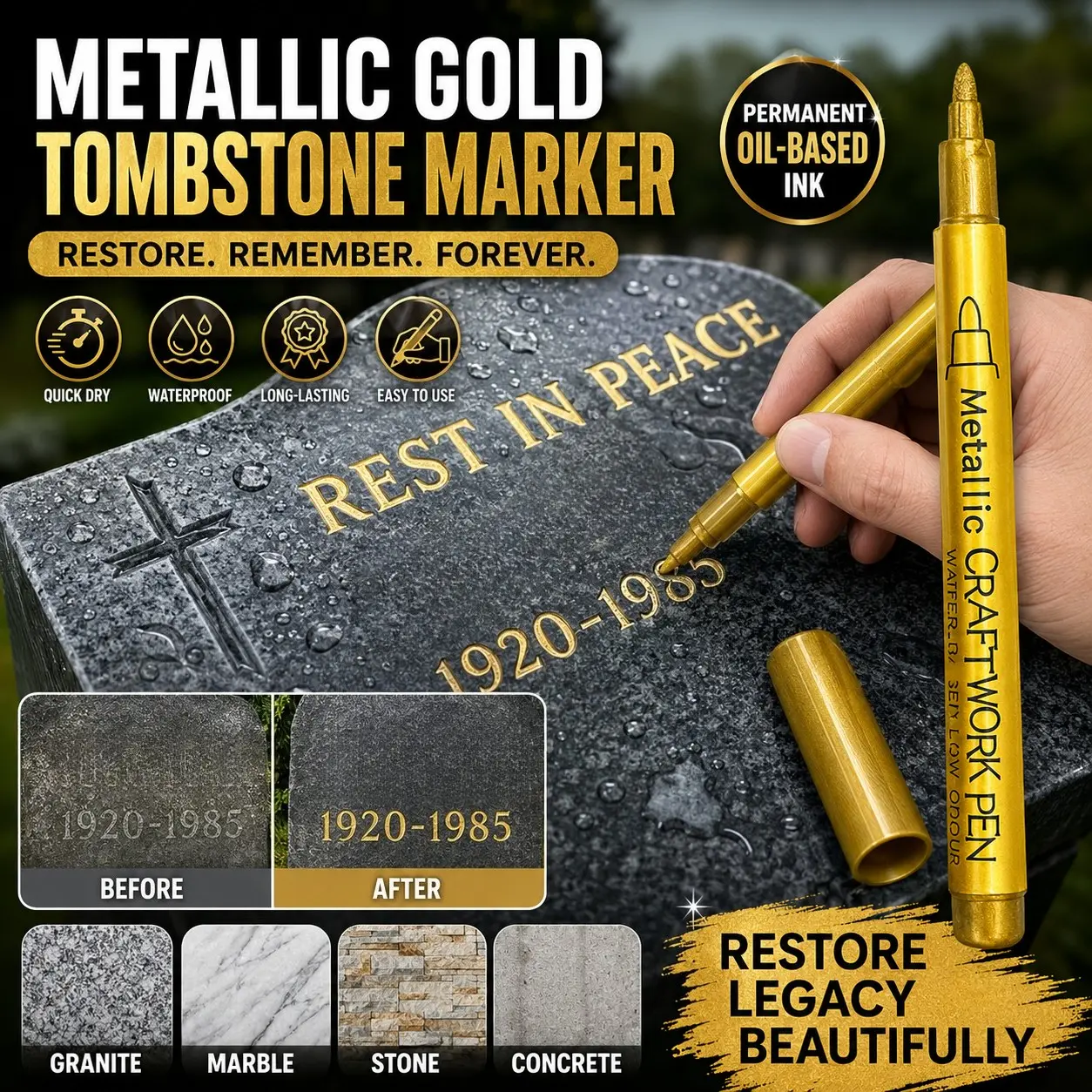Gold Tombstone Marker Pen, Oil-Based Permanent Paint Pen for Restoring Faded Gravestone Inscriptions, Weatherproof & Quick-Drying Fine Tip Marker Ink Markers for Granite, Marble, Stone & Cemetery Maintenance