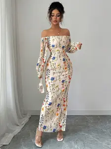 【Back to School Outfits】Elegant Floral Mesh Long Dress for Women, Spring Summer Flowing Lantern Sleeve, Slimming High Split Vacation Dress, Chic and Comfortable