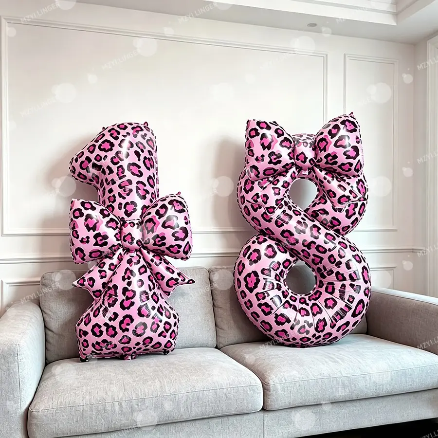 40-Inch Leopard Print Number Balloon, 21-Inch Leopard Print Bow Balloon, Party Decor for Birthday, Anniversary, Tween Parties