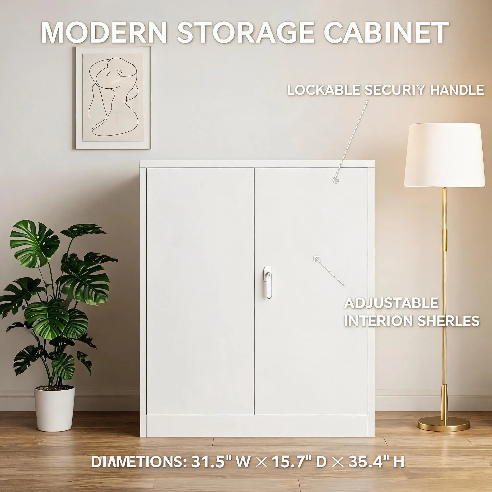 35" Heavy Duty Rust-Resistant Metal Storage Cabinet with Lockable Doors and 2 Adjustable Shelves, Multi-Purpose Steel Workshop Storage Cabinet for Garage & Office, Easy Assembly Required