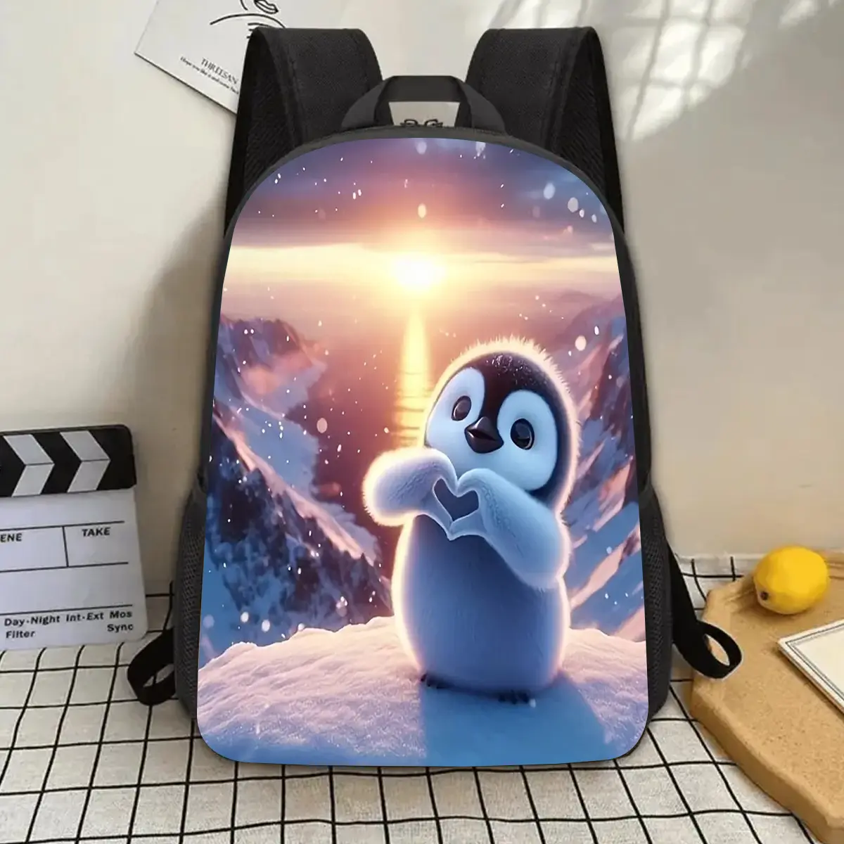 1pc, Penguin Large Capacity 17-Inch Casual Backpack Laptop Bag with Water Bottle Holder - Lightweight Durable Teen School Backpack, Unisex Work Commute Travel Picnic Festival Birthday Gift, Adjustable Shoulder Straps, Vibrant Cartoon Print, Ideal