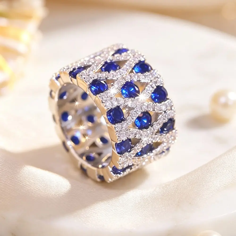 Statement Wide Band Ring, Blue Stone with Lattice Clear Accents, Bold Cocktail Ring Gift for Her