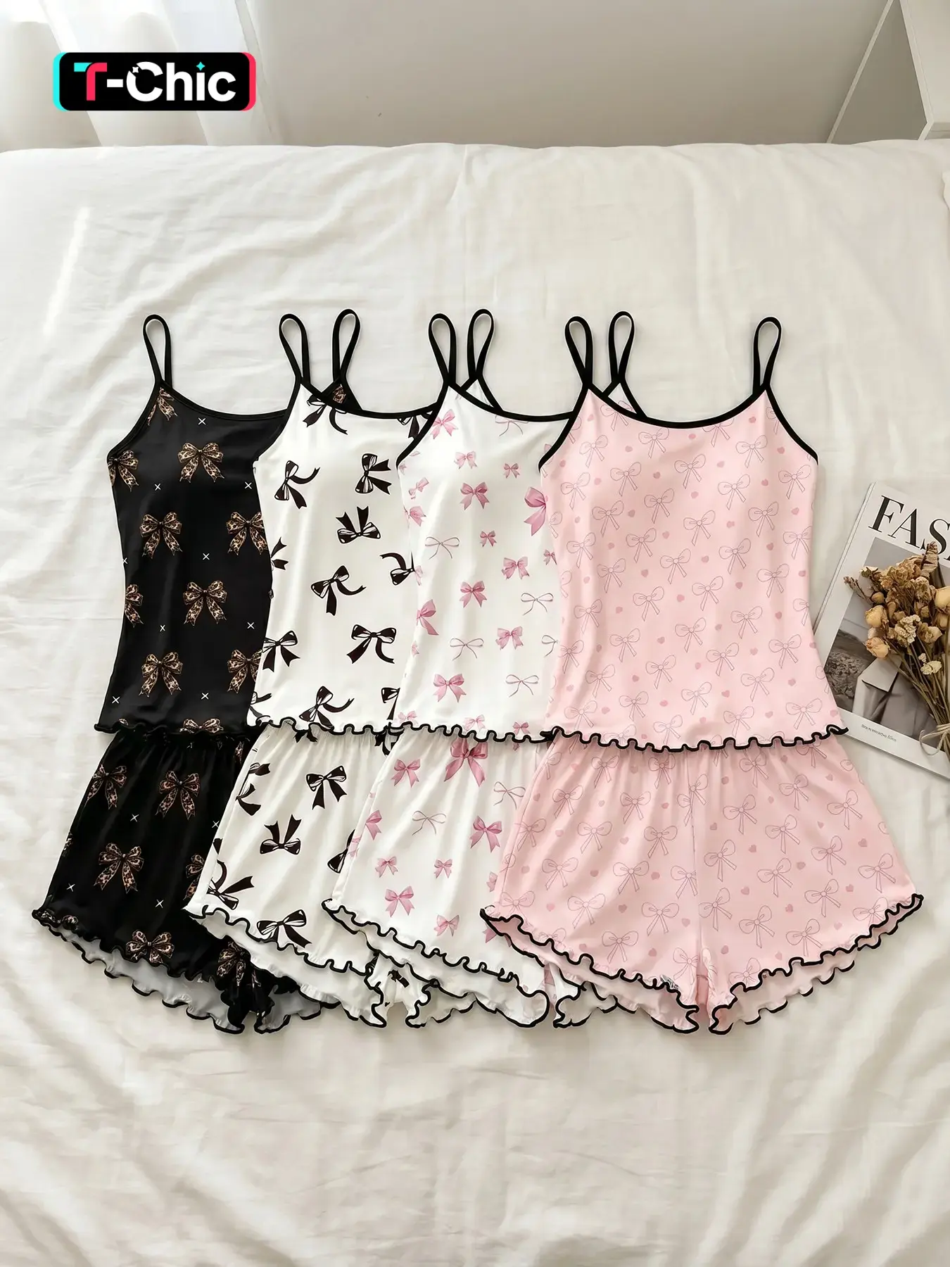 Women's 4 Piece Spaghetti Strap Cami Top and Shorts Pajama Sets, Camisole Sets, All Season Wear, Cute Soft Girl Pastel Bow Print, Cozy Loungewear for Home & Relaxation