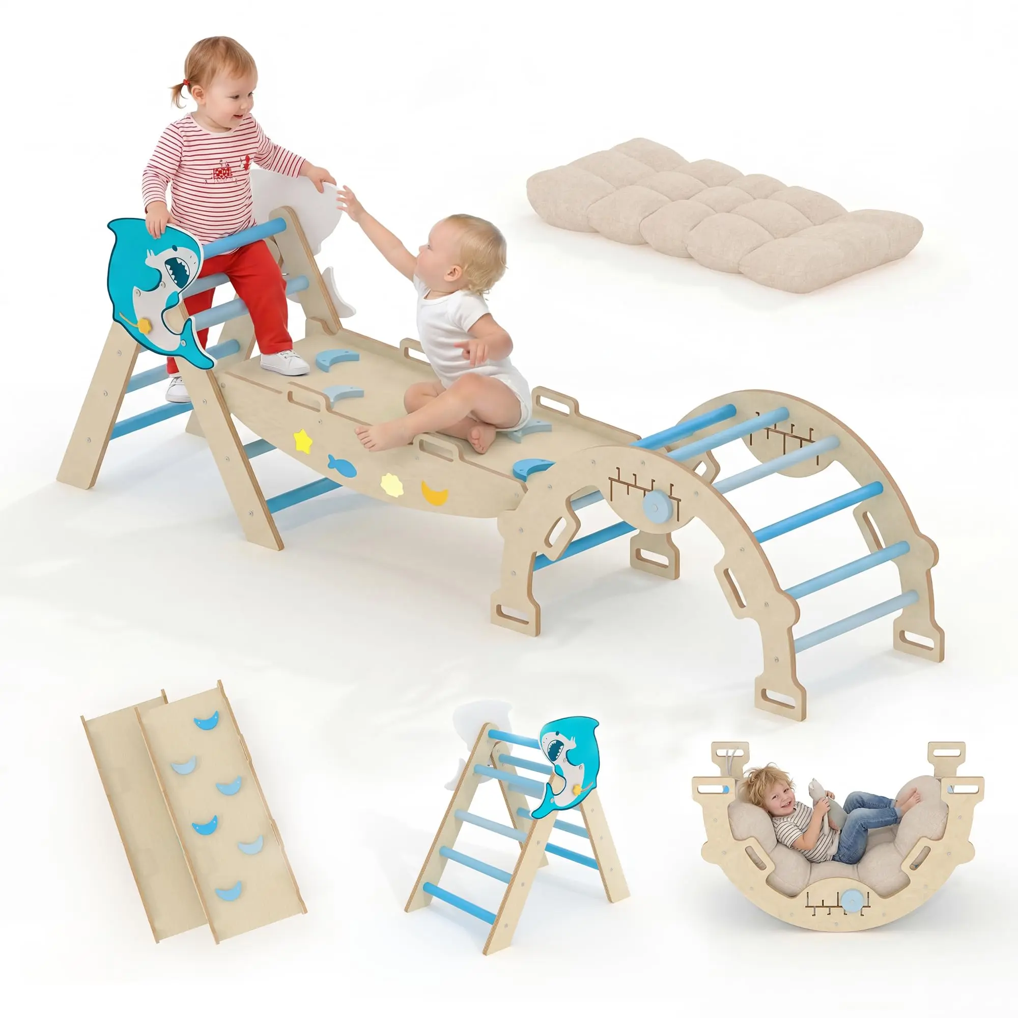7-in-1 Collapsible Wooden Climbing Set, Indoor Toddler Jungle Gym with Triangle Climber, Reversible Slide & Rock Wall, Foldable Space-Saving Play Structure, Non-Toxic Natural Wood, Anti-Slip Base for Kids