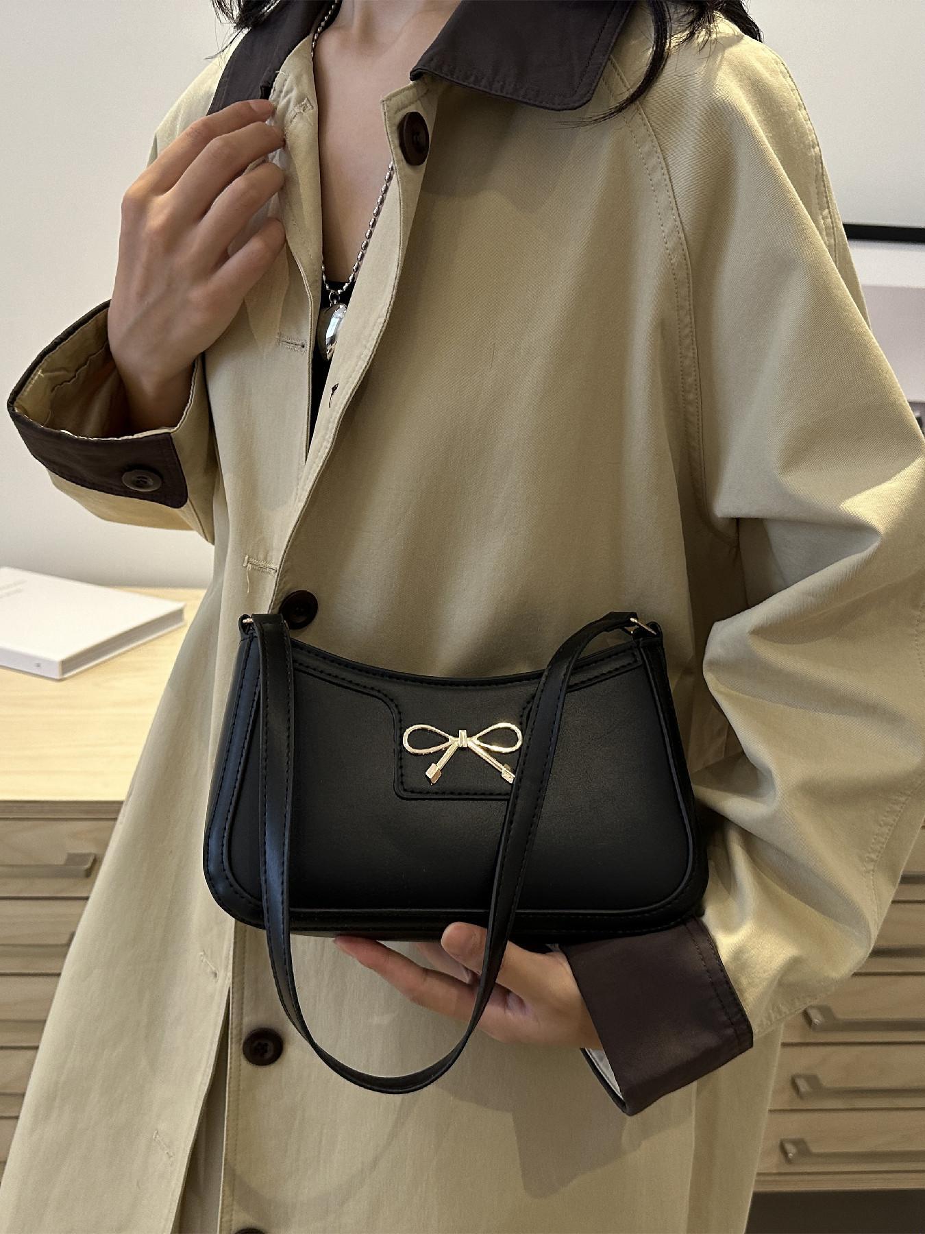 Women's Fashionable Solid Color Bow Decorated Shoulder Bag for Daily Use, Casual Trendy Versatile Daily Commuting Bag