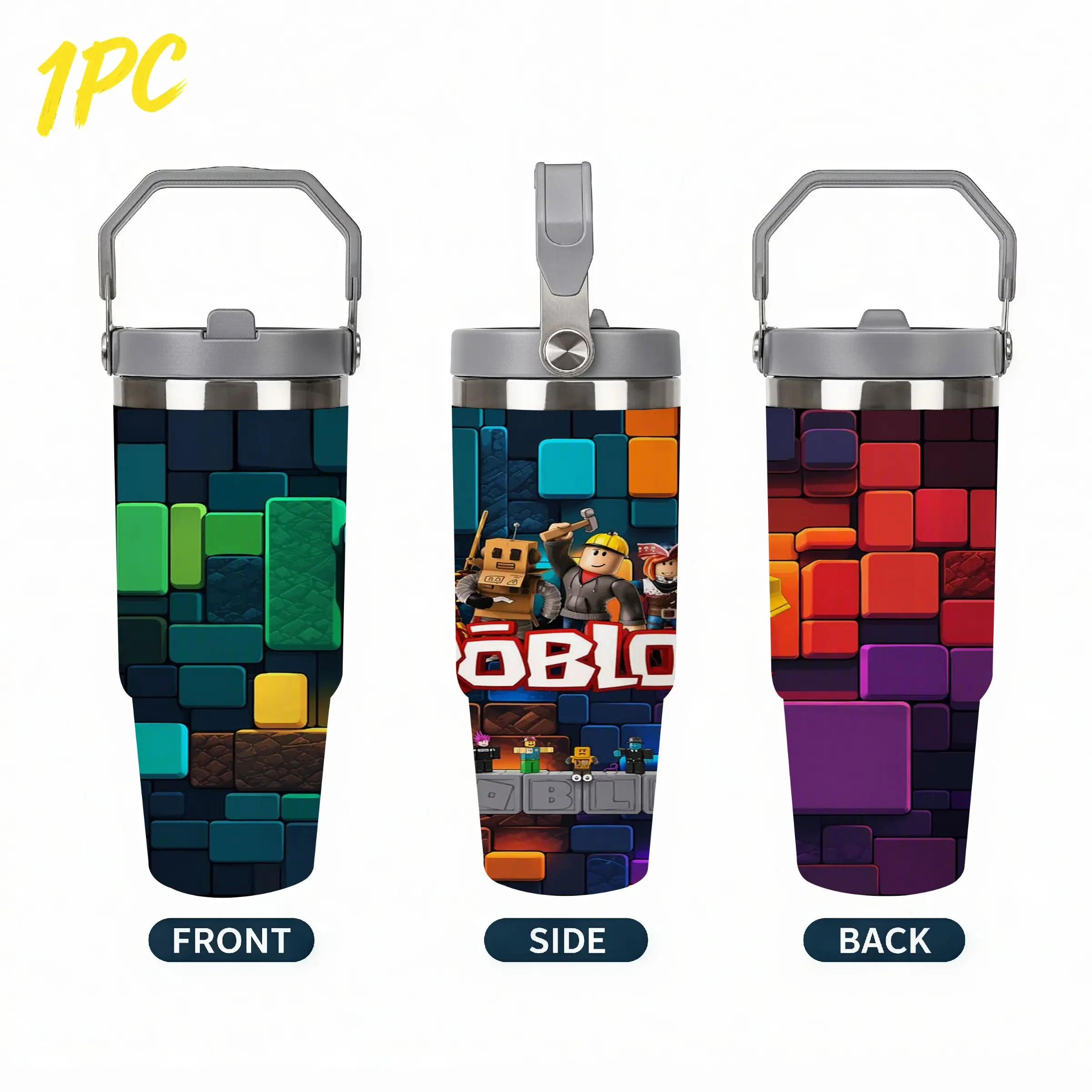 1pc 30oz 900ml 304 Stainless Steel Handheld Tumbler, Roblox Colorful Building‑Block & Game Character All‑Over Print Kids‑Game‑Themed Large‑Capacity Portable Tumbler