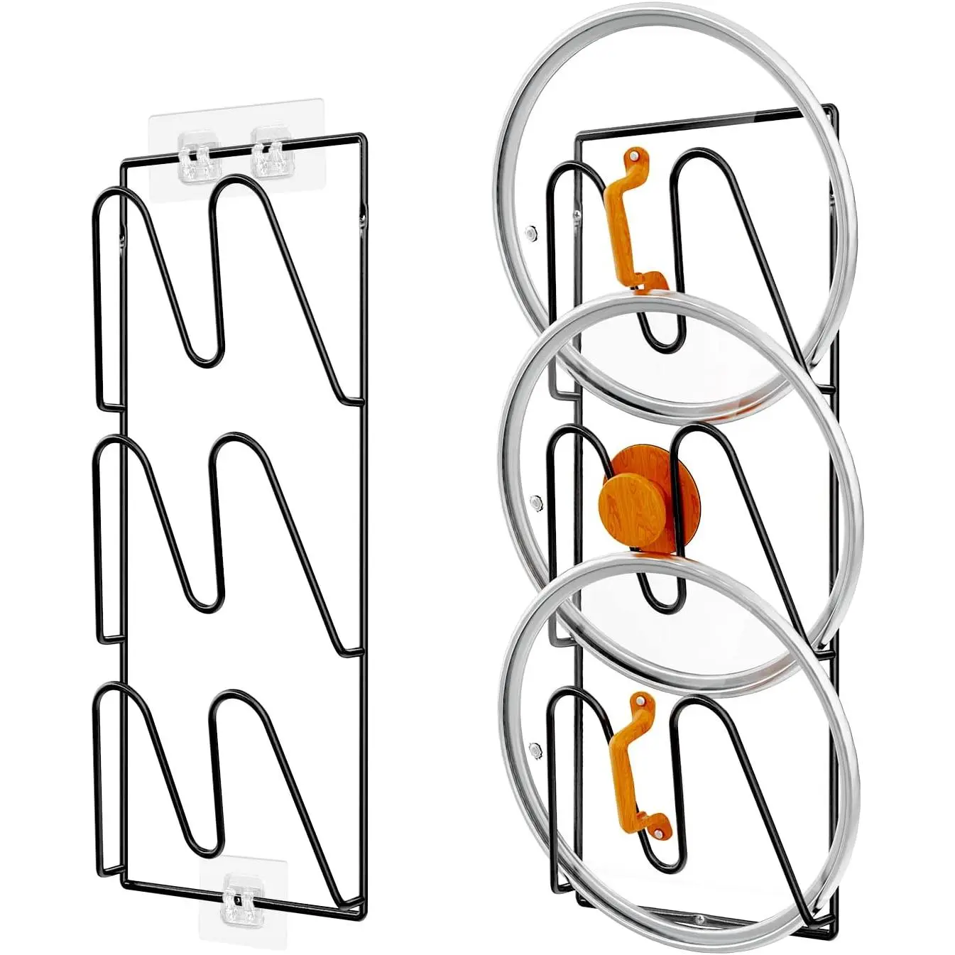 2 Pack Pot Lid Organizer, 6-Tier Lid Holder for Cabinet Door & Wall| Rustproof Metal Lid Organizer with No-Drill Adhesive Mounting for Pot and Pan Lids, Space-Saving Kitchen Storage, Black