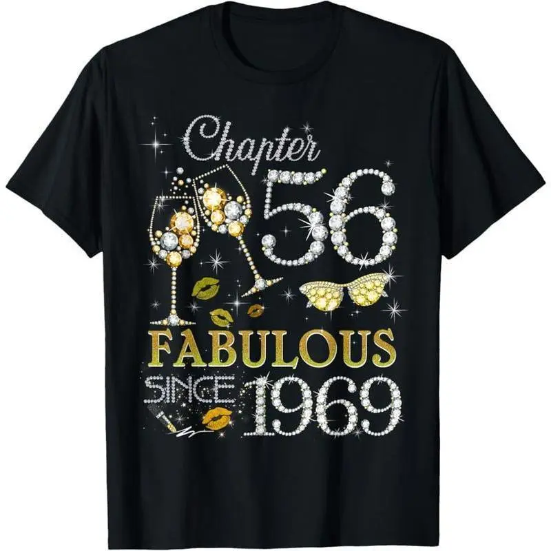 Women's Fitted Round Neck Short-Sleeve Sports T-Shirt - Soft Cotton Blend Casual Wear with 'Chapter 56 Fabulous Since 1969' Graphic Print, 56th Birthday Theme Gift, Party, Crew Neck, Clothes, Soft Fabric, Regular Sleeves, Shape Retention, All Seasons, Sho