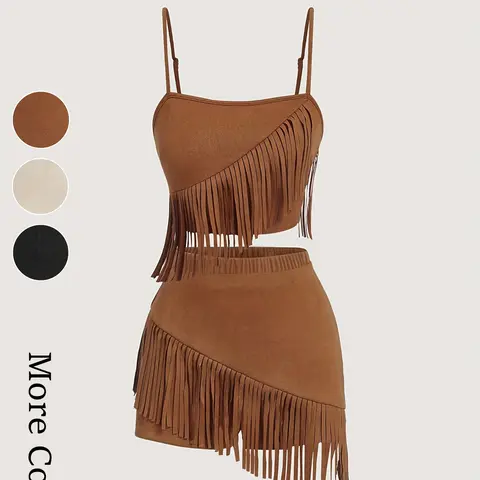 【Black Friday】Women's Fringe Trim Two-Piece Set, Top and Shorts Set, Retro Western Style Outfit, Perfect for Music Festivals, Date Nights, Clubs, Performances and Parties