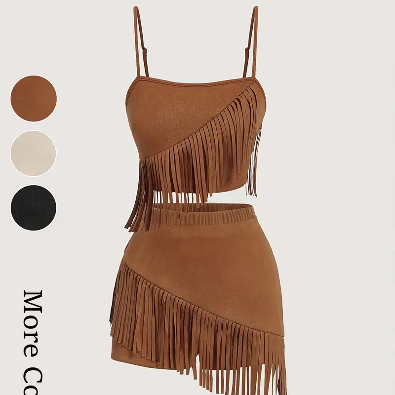 【Black Friday】Women's Fringe Trim Two-Piece Set, Top and Shorts Set, Retro Western Style Outfit, Perfect for Music Festivals, Date Nights, Clubs, Performances and Parties
