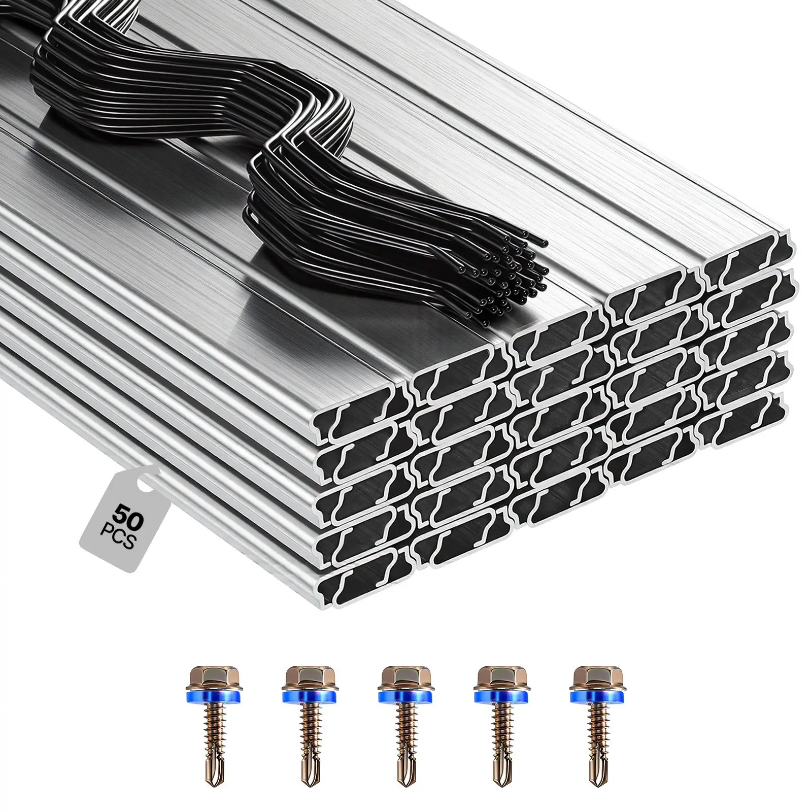 VEVOR Greenhouse Spring Wire and Lock Channel, 50 Packs 6.56 ft PVC-Coated Wiggle Wire Aluminum Alloy Channel Bundle Kit with Included Screws, 0.05 in Thickened, Poly Film Shade Cloth Attachments