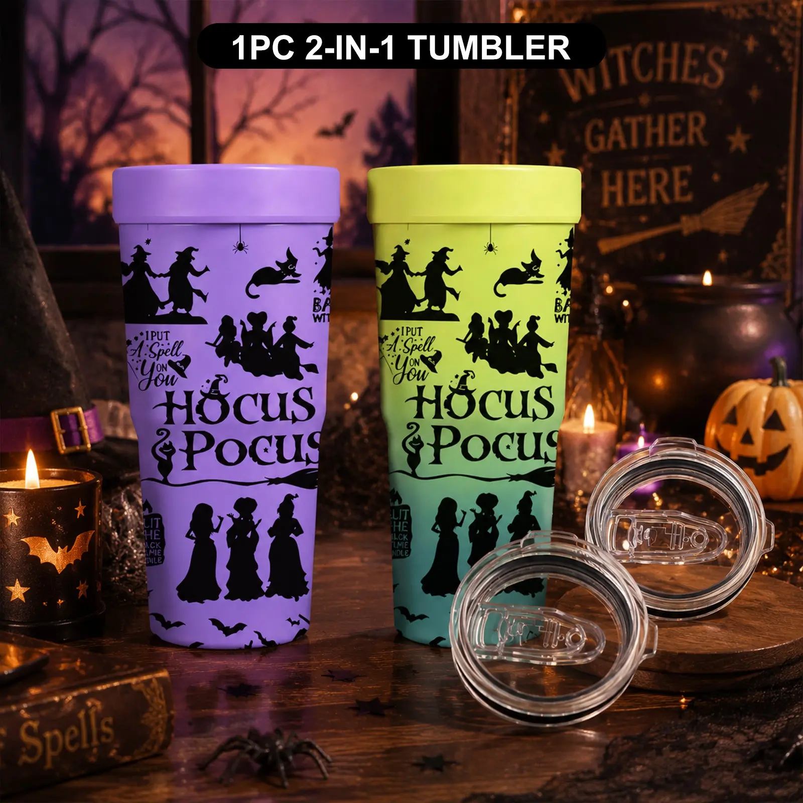 1PC 32oz Witch & Magic Halloween Print 2-in-1 Insulated Tumbler & Iced Coffee Cup Sleeve, Leak-Proof Double Wall Vacuum Stainless Steel Travel Mug, Cold 12+H & Hot 6+H, Fits 16–24oz To-Go Cups, Halloween Gift for Friends & Family