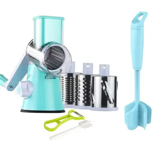 Rotary Cheese Grater Shredder and Hamburger Meat  Stirrer, Round  Slicer with 3 Drum  and  Meat Breaker with Heat Resistant 5 Curved