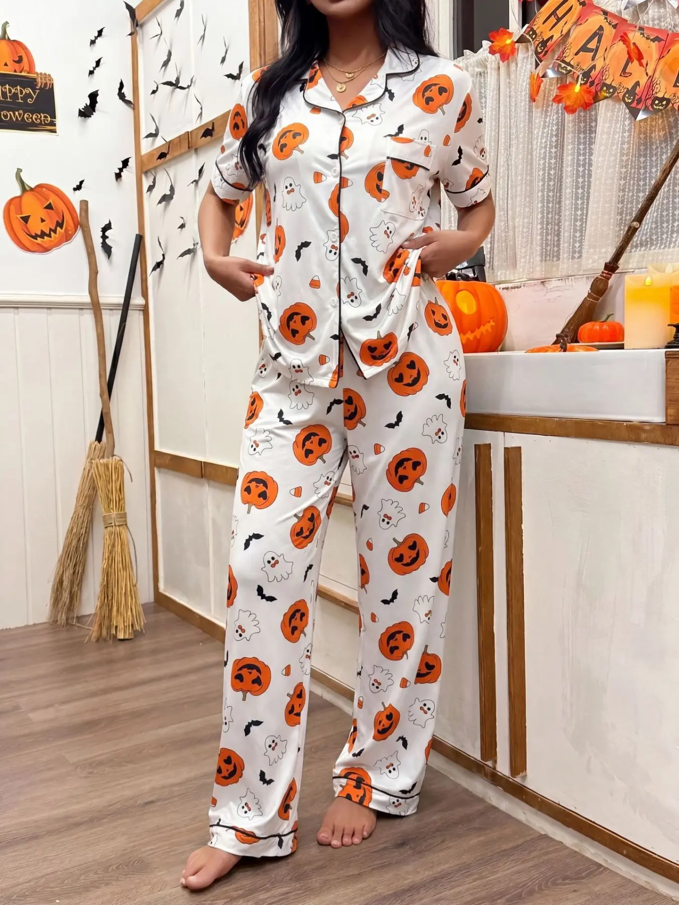 Women's Halloween Pumpkin Pajama Set, Casual Loose-Fitting Short Sleeve Long Pants, Fashion Print Home Wear, Fall & Winter