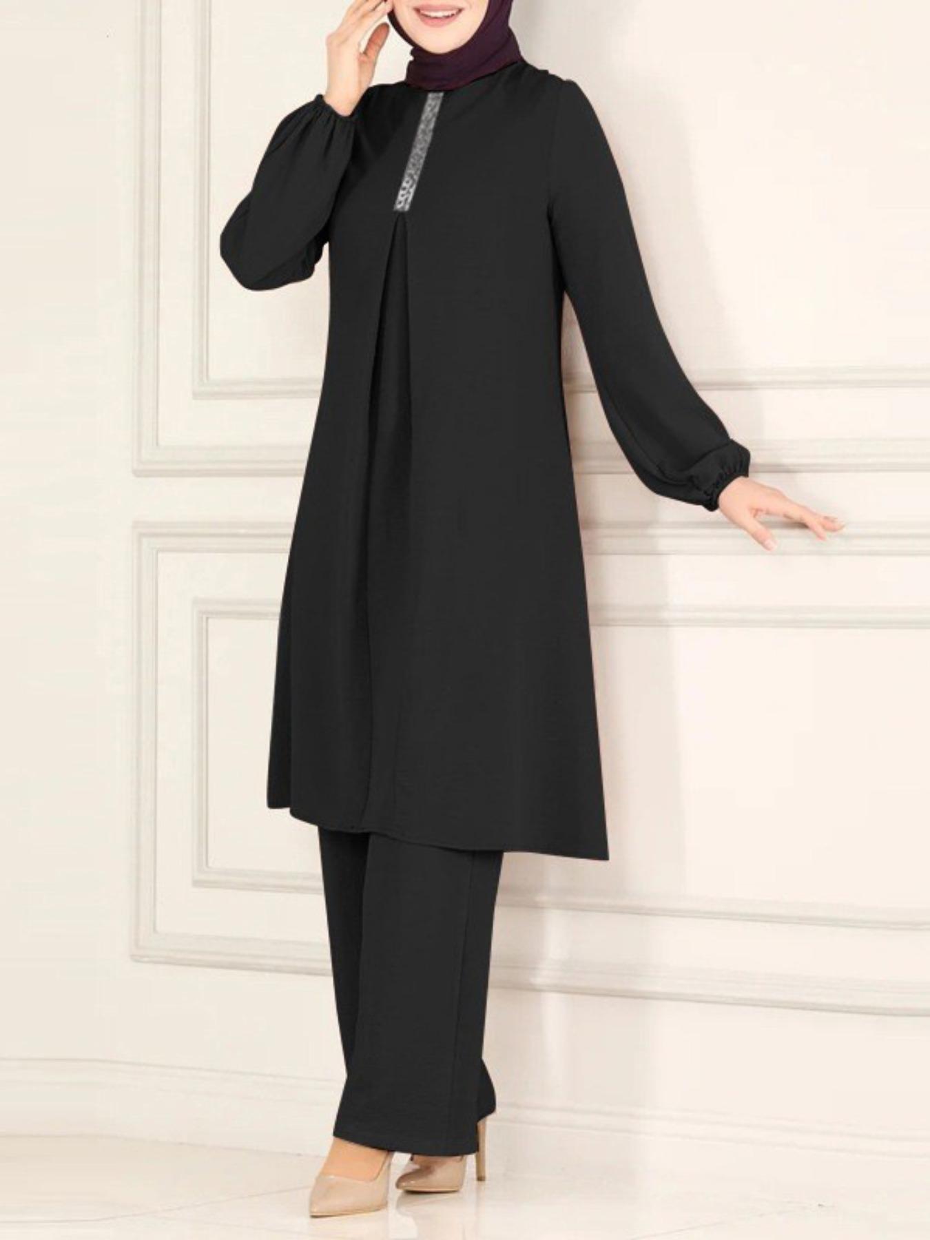 Women's Plain Contrast Sequin Bishop Sleeve Round Neck Tunic Top & Wide-Leg Pants Islamic Set, Chic Modest Casual Long-Sleeve Muslim Top & Trousers Two-Piece Set for Daily Wear, Women's Islamic Clothing for All Seasons, Outfit Set for Women