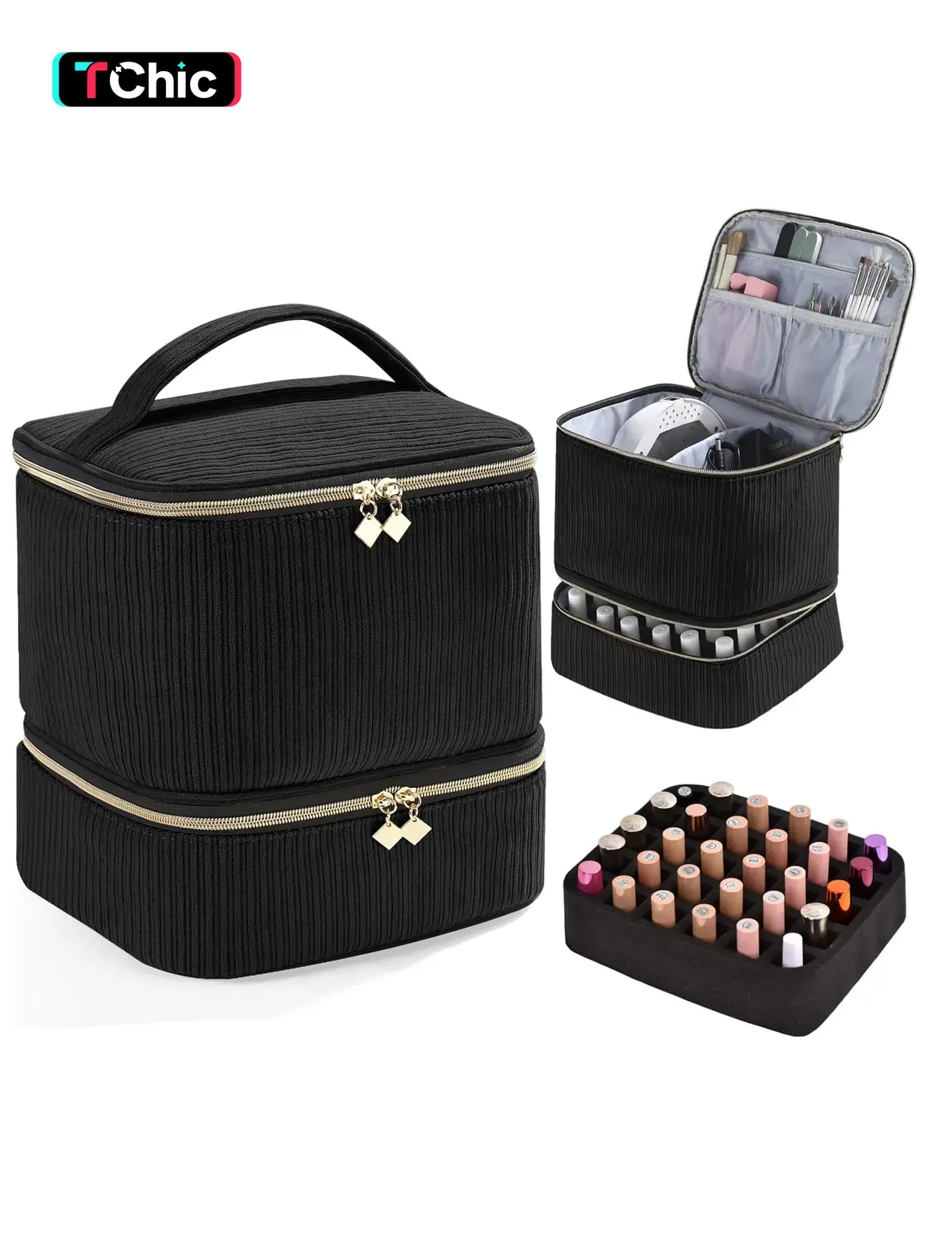 Nail Polish Organiser, Nail Supplies Organizer, Double Quilted Nail Polish Storage Bag, Gel Nail Polish Carrying Case, Holds 30 Bottles of Nail Polish and Lamp, Portable Nail Kit Organiser, Makeup & Cosmetics Organizer, Beauty Storage Pouch