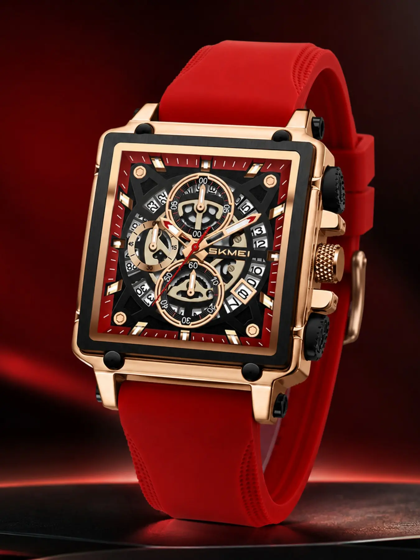 Men's Business Hollow-Out Square Dial Watch, Analog Wristwatches, Strong Luminescent Multifunctional, Silicone Breathable Strap, Casual Style, All Seasons, Luminous Waterproof Watch