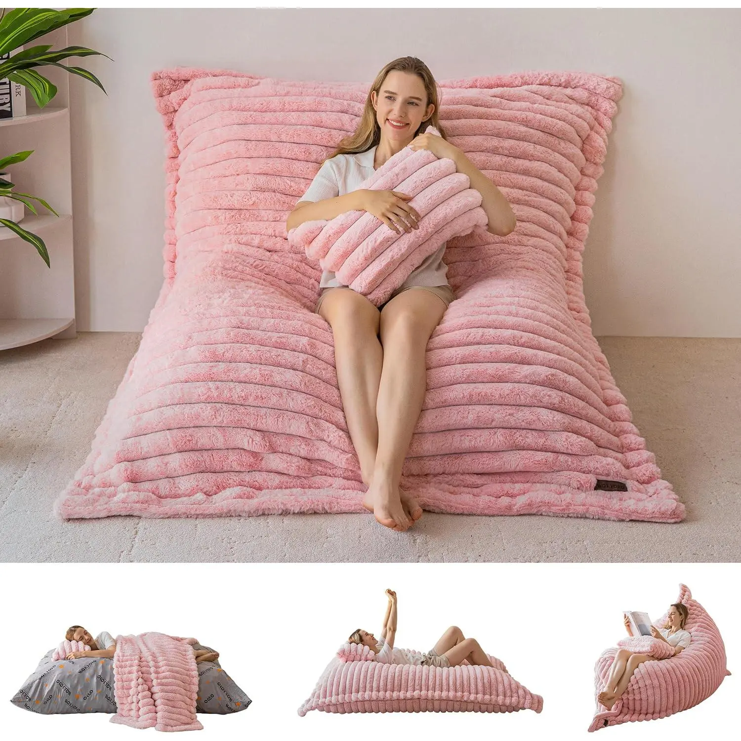Giant Bean Bag Chair with Pillow, 3 in 1 Convertible Bean Bag Chair | Removable Floor Cushion Stuffed Floor Lounger for Adults with Washable Cover, Lazy Chair for Living Room, , Full